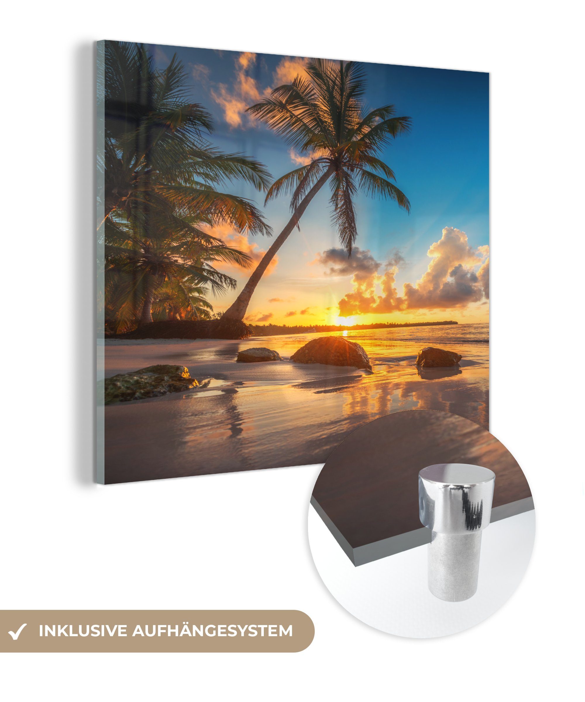 MuchoWow Acrylglasbild Strand - Meer - Palme - Sonnenuntergang, (1 St), Glasbilder - Bilder auf Glas Wandbild - Foto auf Glas - Wanddekoration