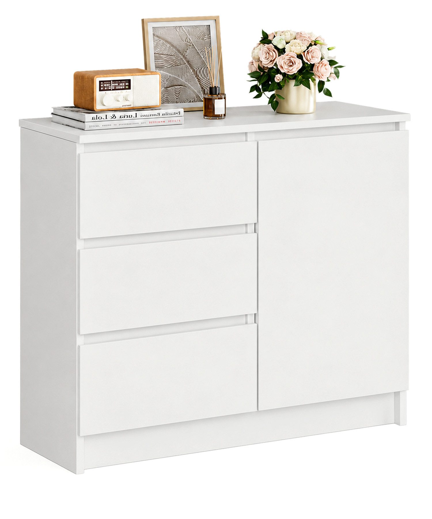 Yorbay Sideboard Weiß Kommode 80.5cm Beistellschrank mit 1 Türen und 3 Schubladen, 1 versteckten kleinen Schublade Maße:80.5x35x79cm