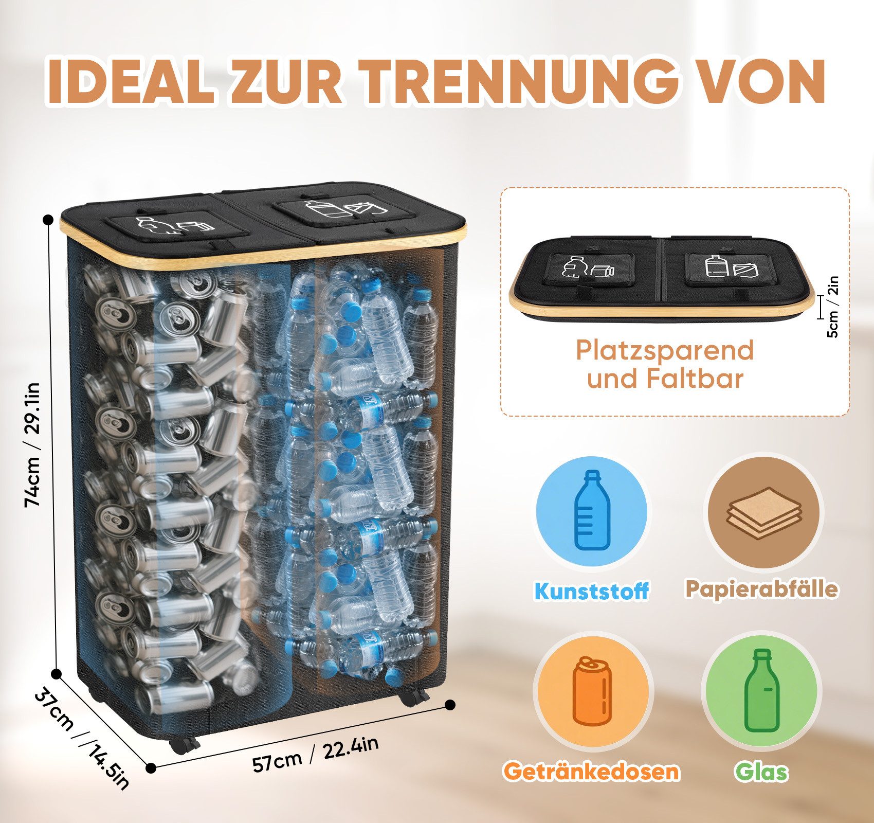 ElitVita Flaschensammler 160L Pfandflaschen Behälter, 2 Fächer mit Deckel, mit 4 Rollen (1 St), mit Bremsen, Leergut Sammelbehälter für Kunststoff Glasflaschen