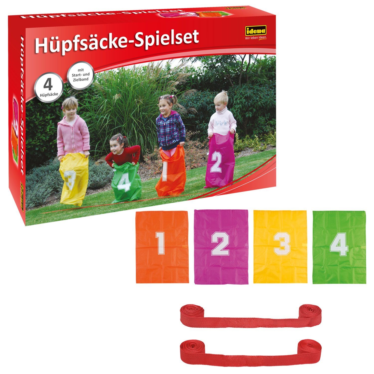 Idena Hüpfball Idena 7408881 - Hüpfsäcke Spielset mit 4 Hüpfsäcken, inklusive Band