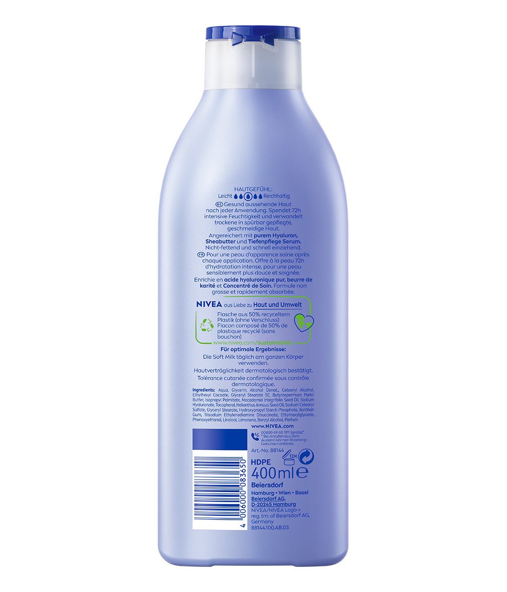 Nivea Bodylotion Body Verwöhnende Soft Milk 3 x 400ml Packung, 3-tlg., Sheabutter, Hyaluron, Tiefenpflege Serum