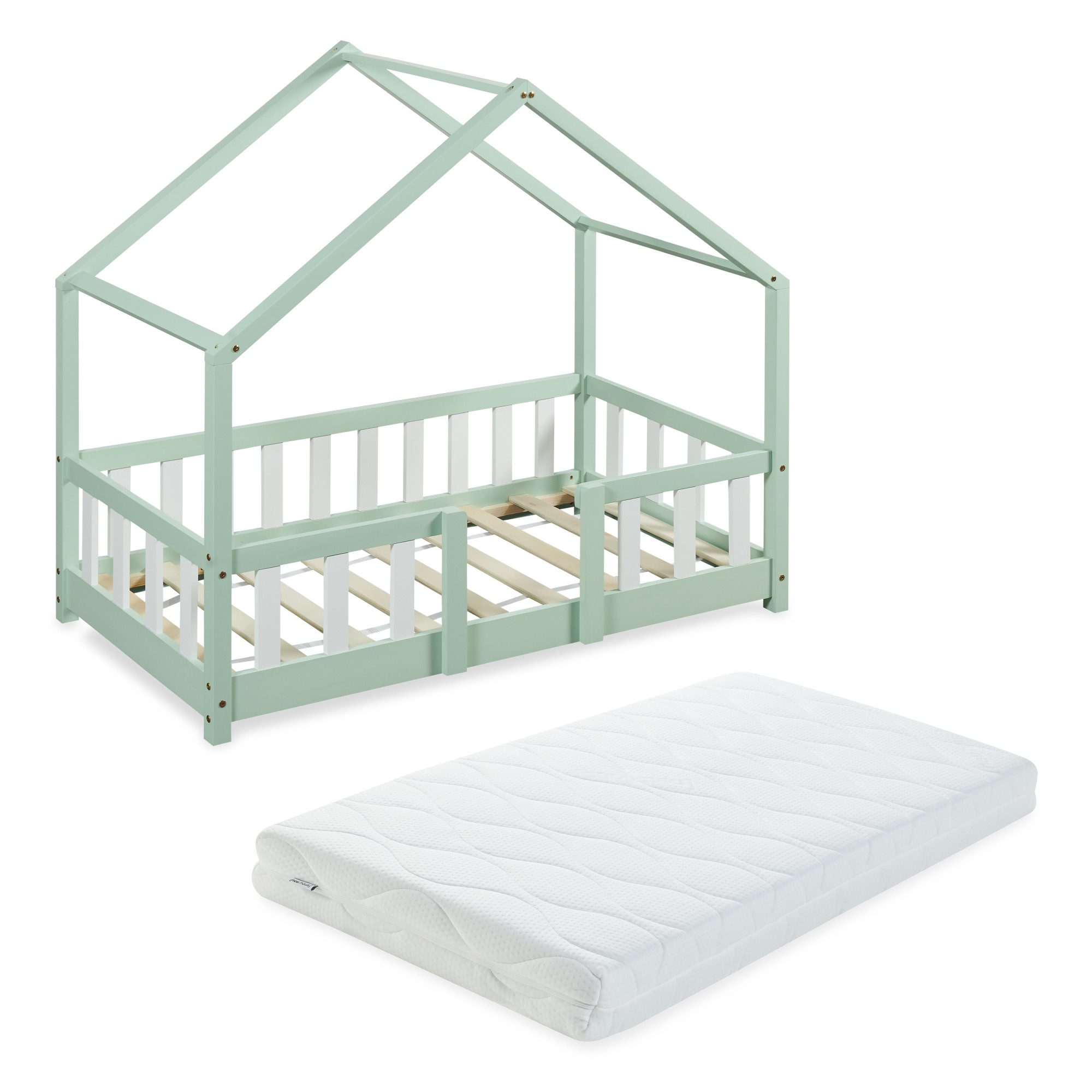 en.casa Kinderbett (Bett und Matratze), »Treviolo« mit Matratze Montessori Mint / Weiß 70x140 cm