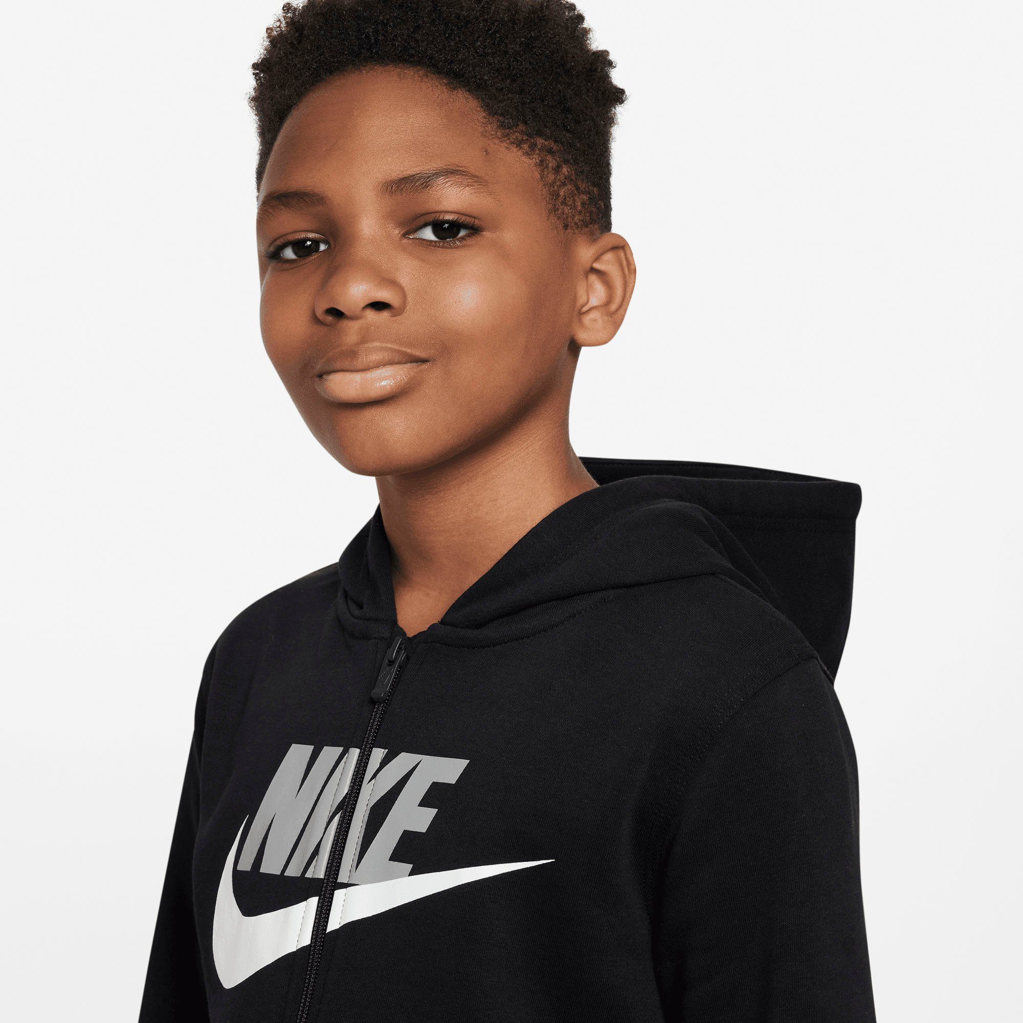 Kapuzensweatjacke Sportswear Nike Big Kids' Full-Zip Fleece Club SMOKE (Boys) BLACK/WHITE/LT Hoodie GREY