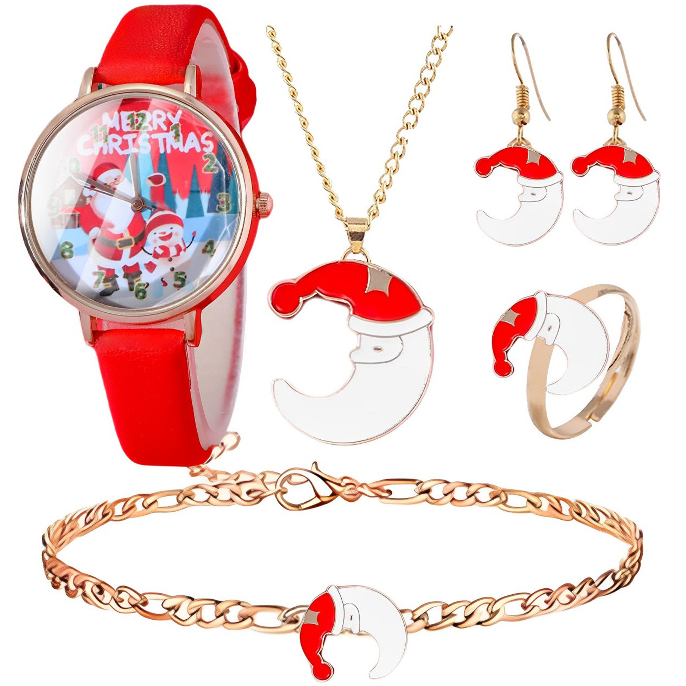 ibettertec Weihnachtsmann 6pcs Weihnachtshalskette Set Ohrringe Armband Ring Halskette Quarzuhr (Weihnachten Ювелирные изделия Geschenke Set für Frauen Mädchen, Ювелирные изделия-Set für Damen mit Geschenkverpackung), Weihnachtsgeschenke, Neujahrsgeschenke, Party Geschenke