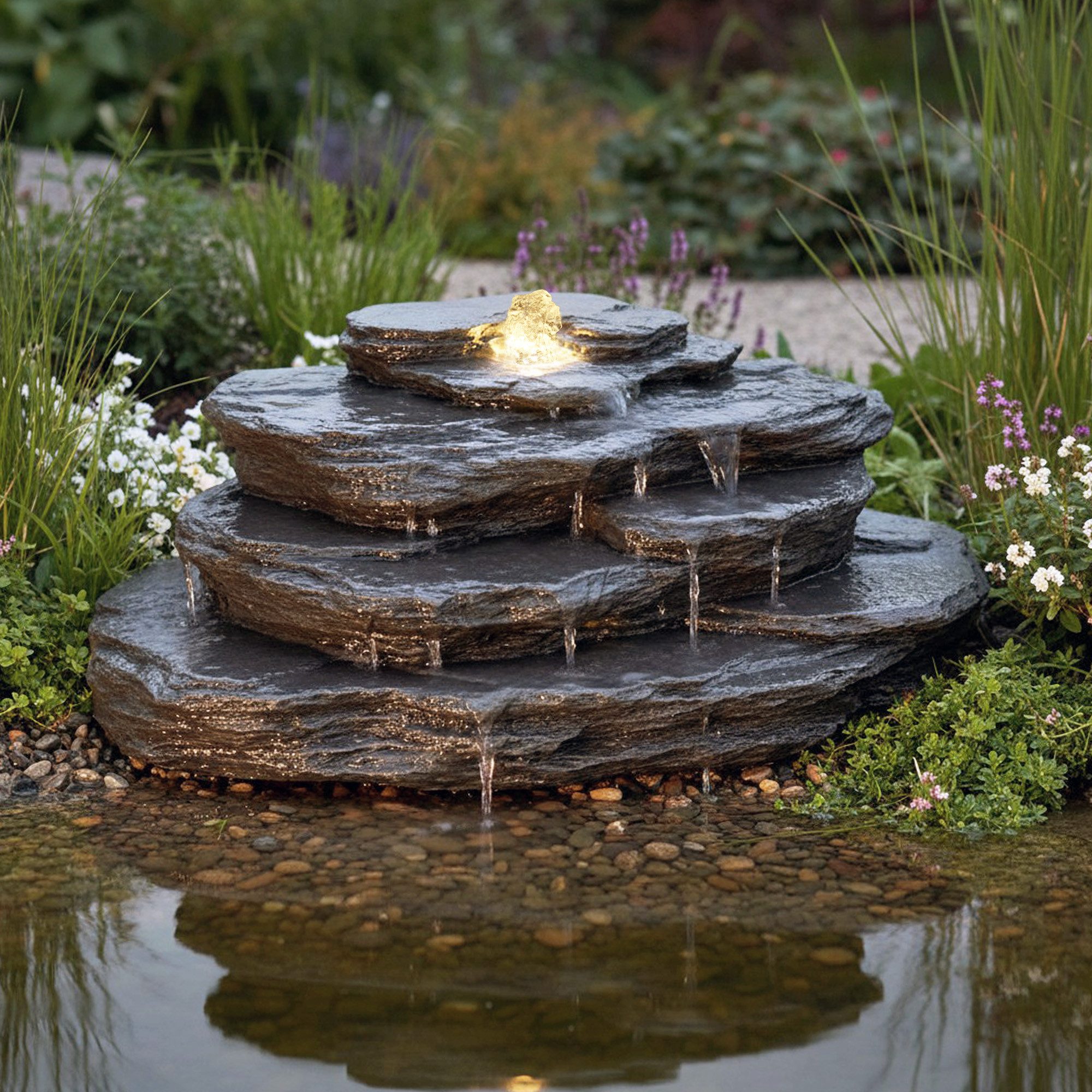 Arnusa Gartenbrunnen Quellstein Bachlauf Quelle mit LED Beleuchtung, 70 cm Breite, (OG-KQS002)