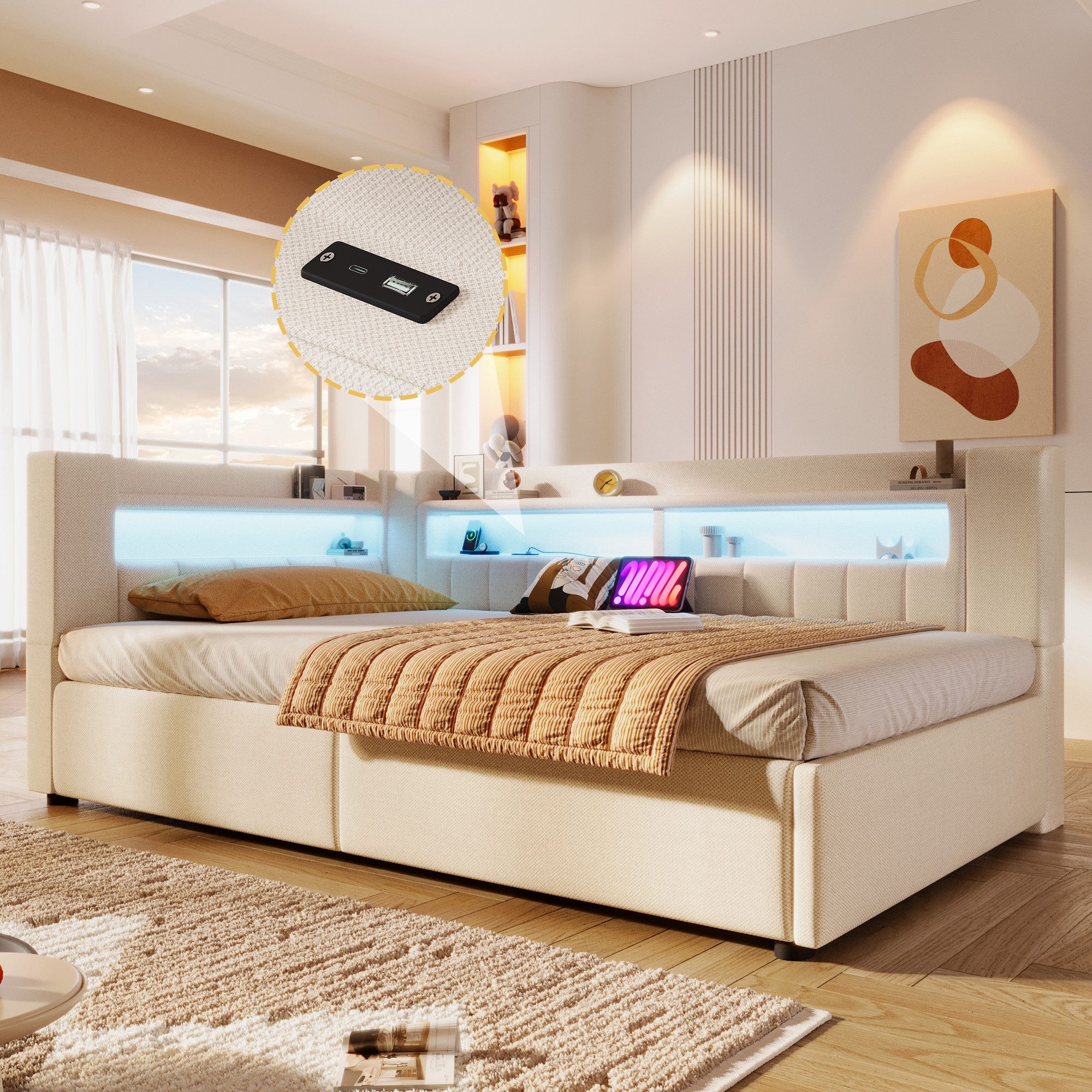 Merax Daybett 90x200cm mit LED-Beleuchtung und USB&Typ-C Ladefunktion (Jugendbett Einzelbett Sofabett, 1 tlg), Tagesbett mit hydraulischem Stauraum & Staufächer – Bild 4 von 5