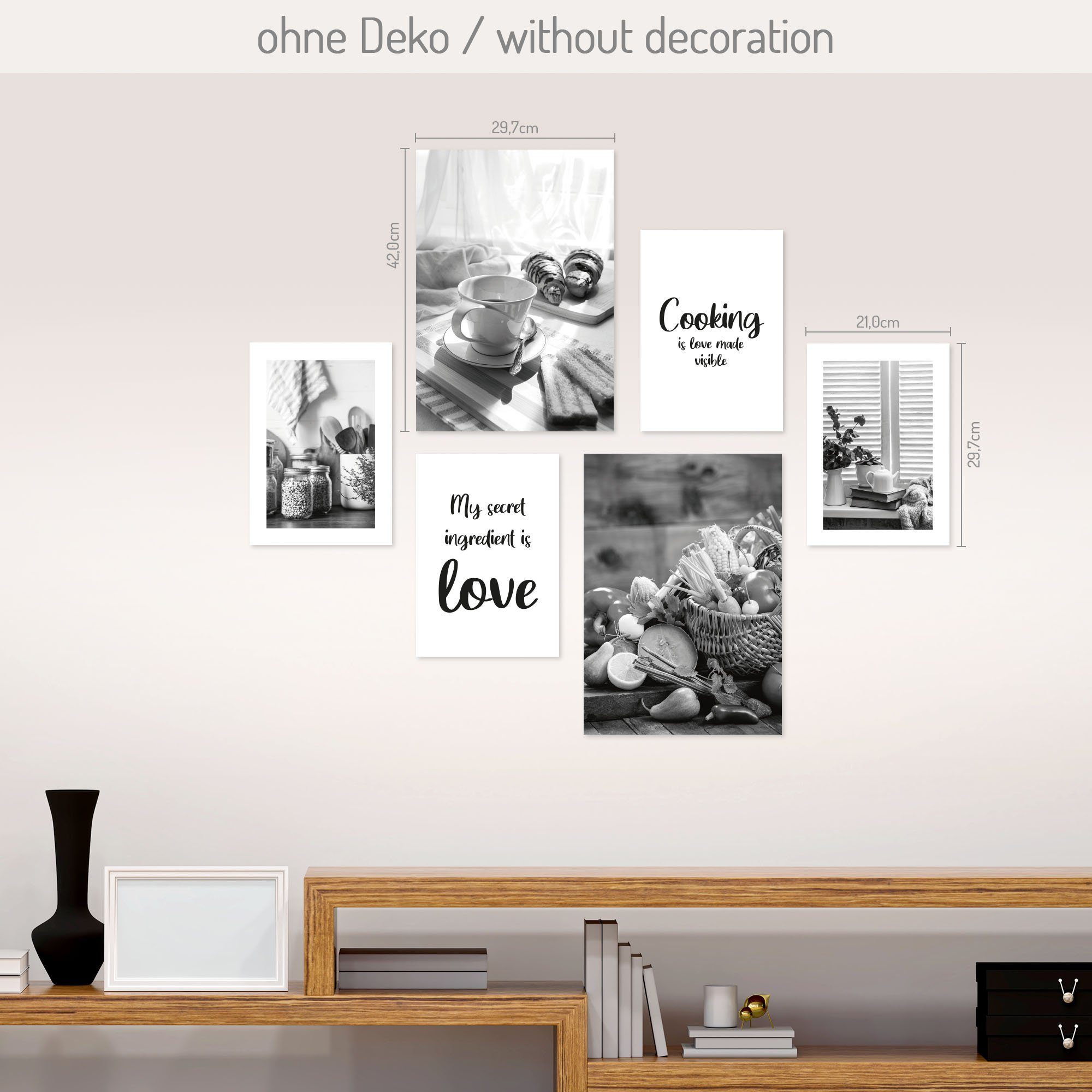 Kreative Feder Poster, schwarz-weiß, Küche, Kochen, Liebe, Familie, Zuhause (Set, 6 St), 6-teiliges Poster-Set, Wandbild, Posterwand, optional mit Rahmen