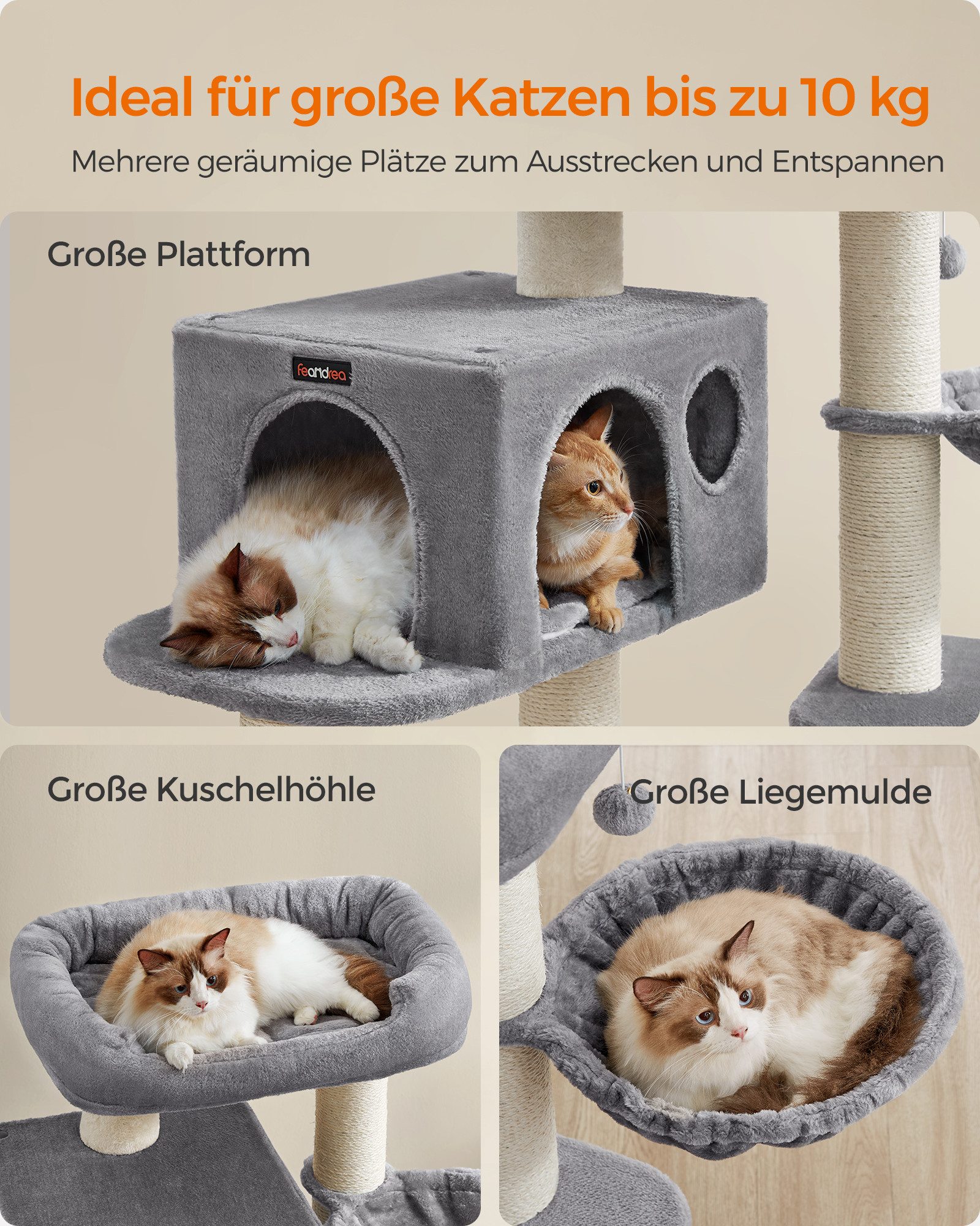 FEANDREA Kratzbaum hochbelastbar Katzenturm, abnehmbare, waschbare Kissen, 6 extra dicken Kratzsäulen, große Plattform, Höhle, Korb, XXL