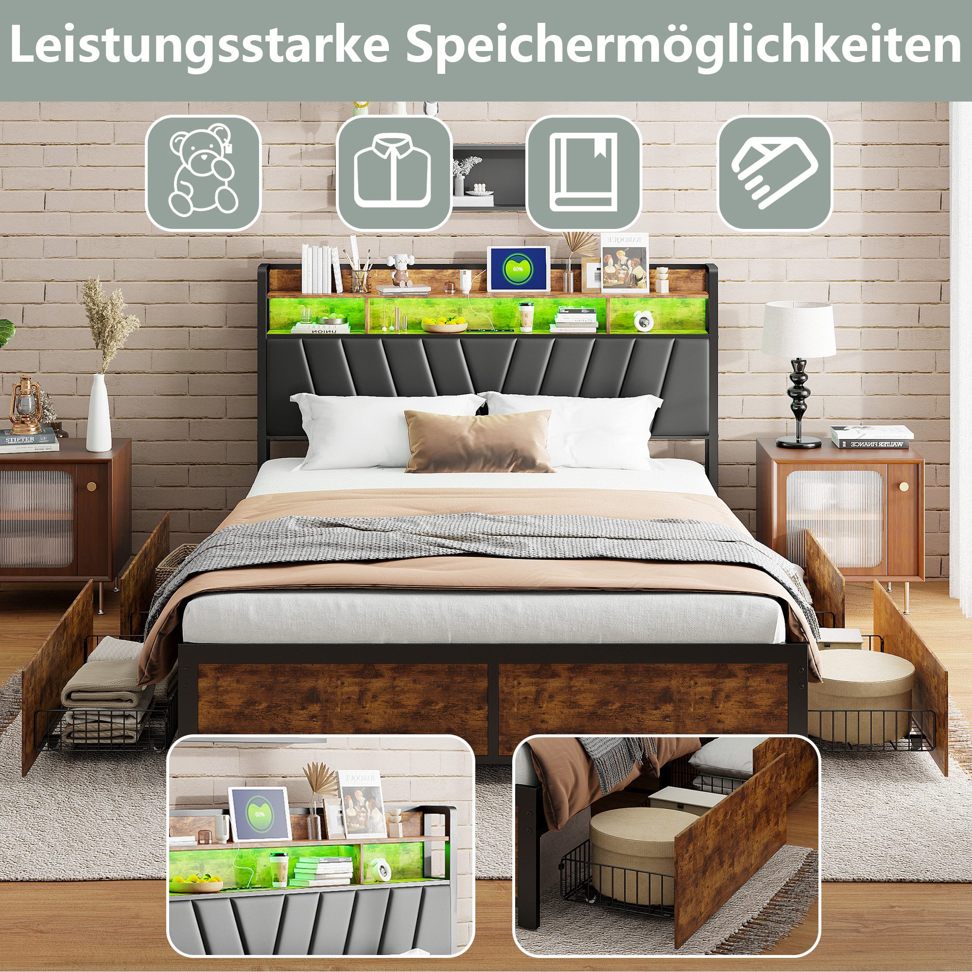 Furnishings Home Polsterbett 140x200 cm Stauraumbett LED Doppelbett (1 tlg, Geeignet für Jungen und Mädchen, Mit große Stauraum), mit Lattenrost und Ladefunktion, mit Komforthöhe, Leises Design Bett