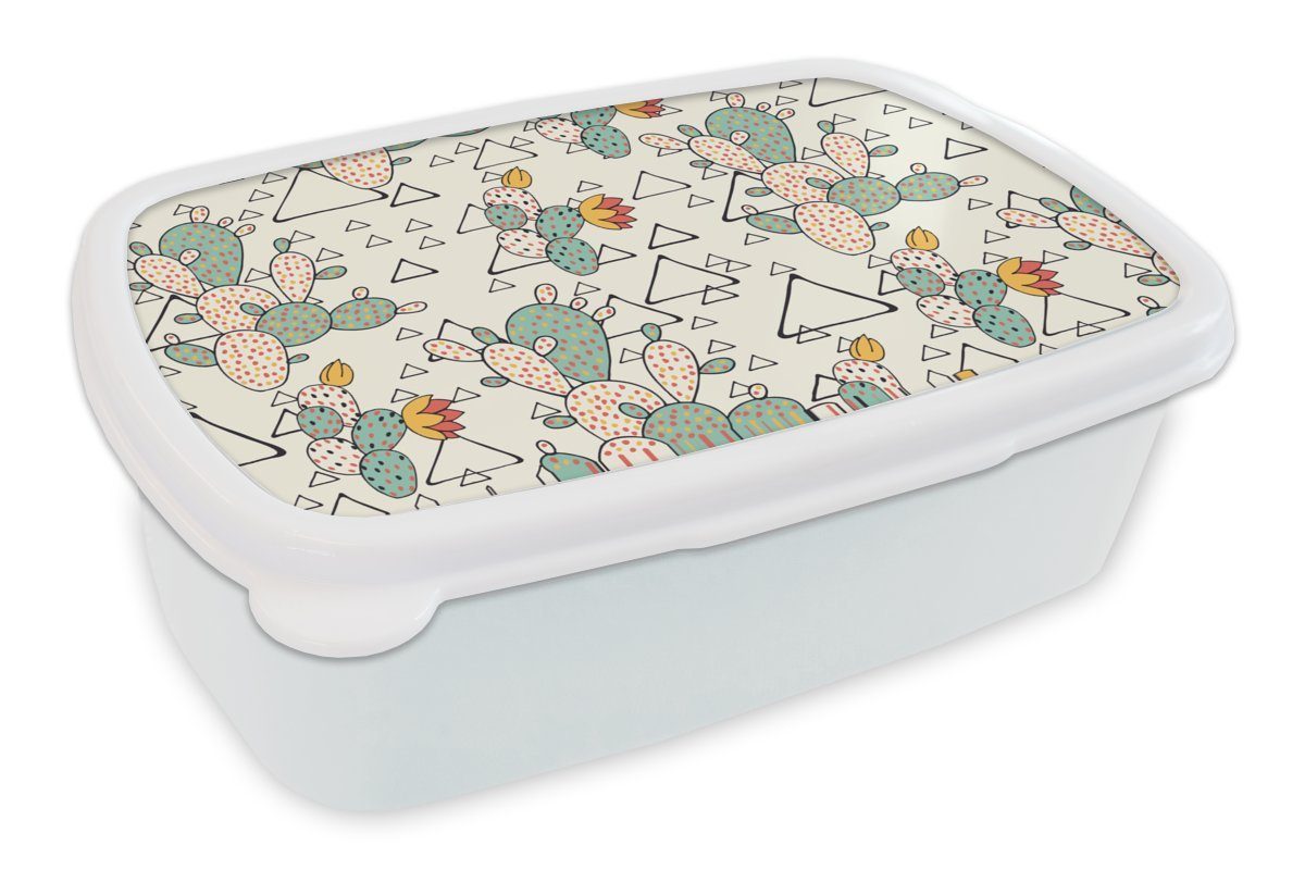 MuchoWow Lunchbox Muster - Kaktus - Dreieck, Kunststoff, (2-tlg), Brotbox für Kinder und Erwachsene, Brotdose, für Jungs und Mädchen weiß