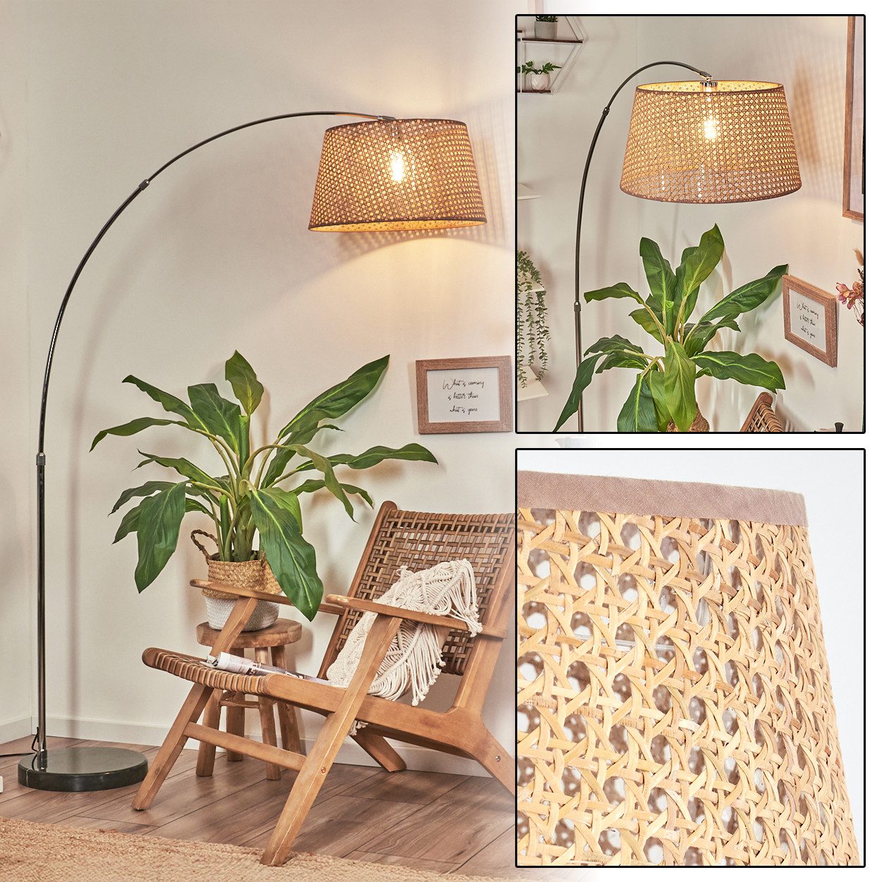 hofstein Bogenlampe Stehlampe aus Metall/Rattan/Wienergeflecht, Schwarz/Chrom/Natur/Braun, verstellbare Stehleuchte mit Marmorfuß u.Fußschalter, Boho-Design, E27