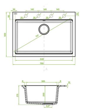 KOLMAN Küchenspüle Einzelbecken Tau Granitspüle, Rechteckig, 50/70 cm, Grau, Space Saving Siphon GRATIS