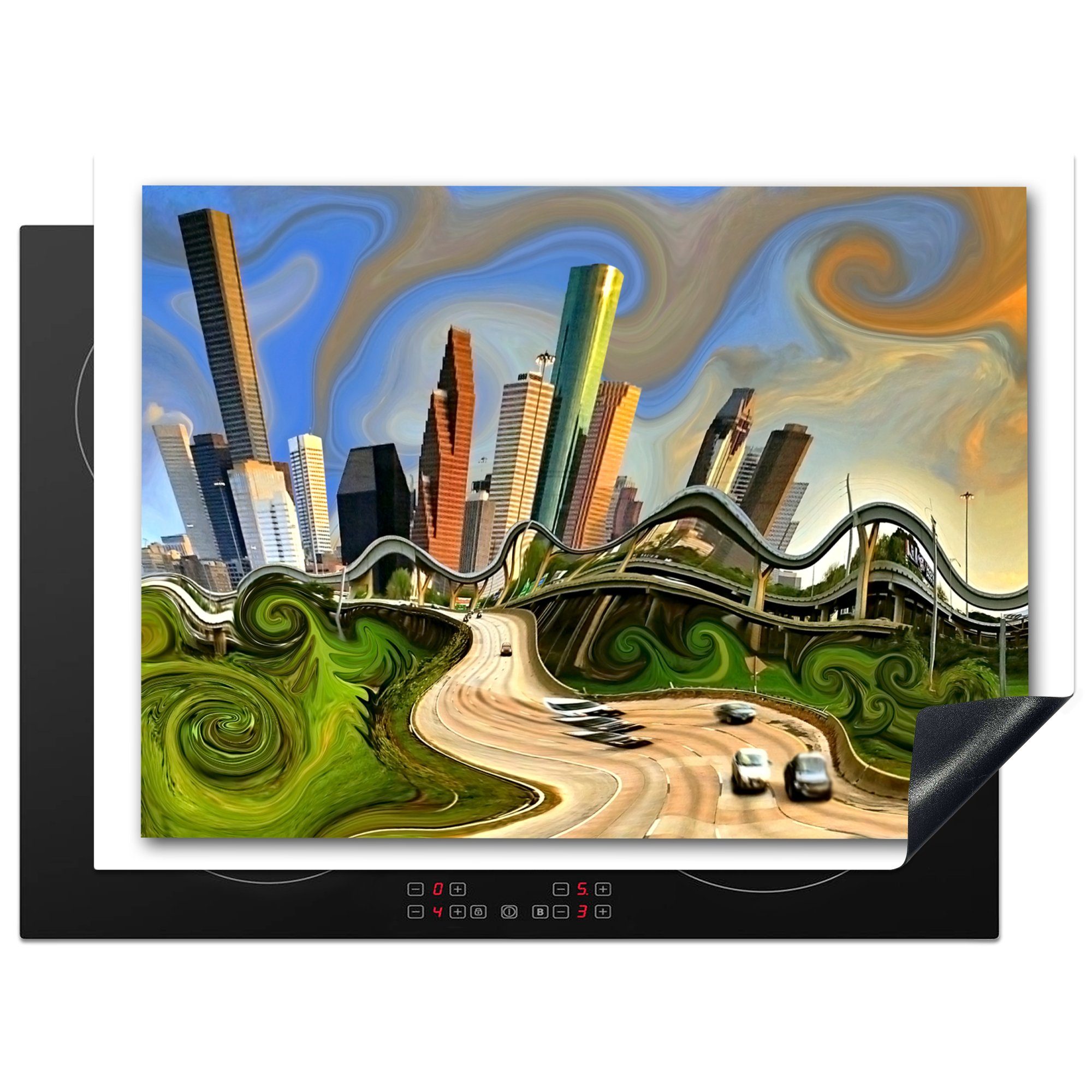 MuchoWow Herdblende-/Abdeckplatte Eine künstlerische Skyline von Houston, Vinyl, (1 tlg), 70x52 cm, Mobile Arbeitsfläche nutzbar, Ceranfeldabdeckung