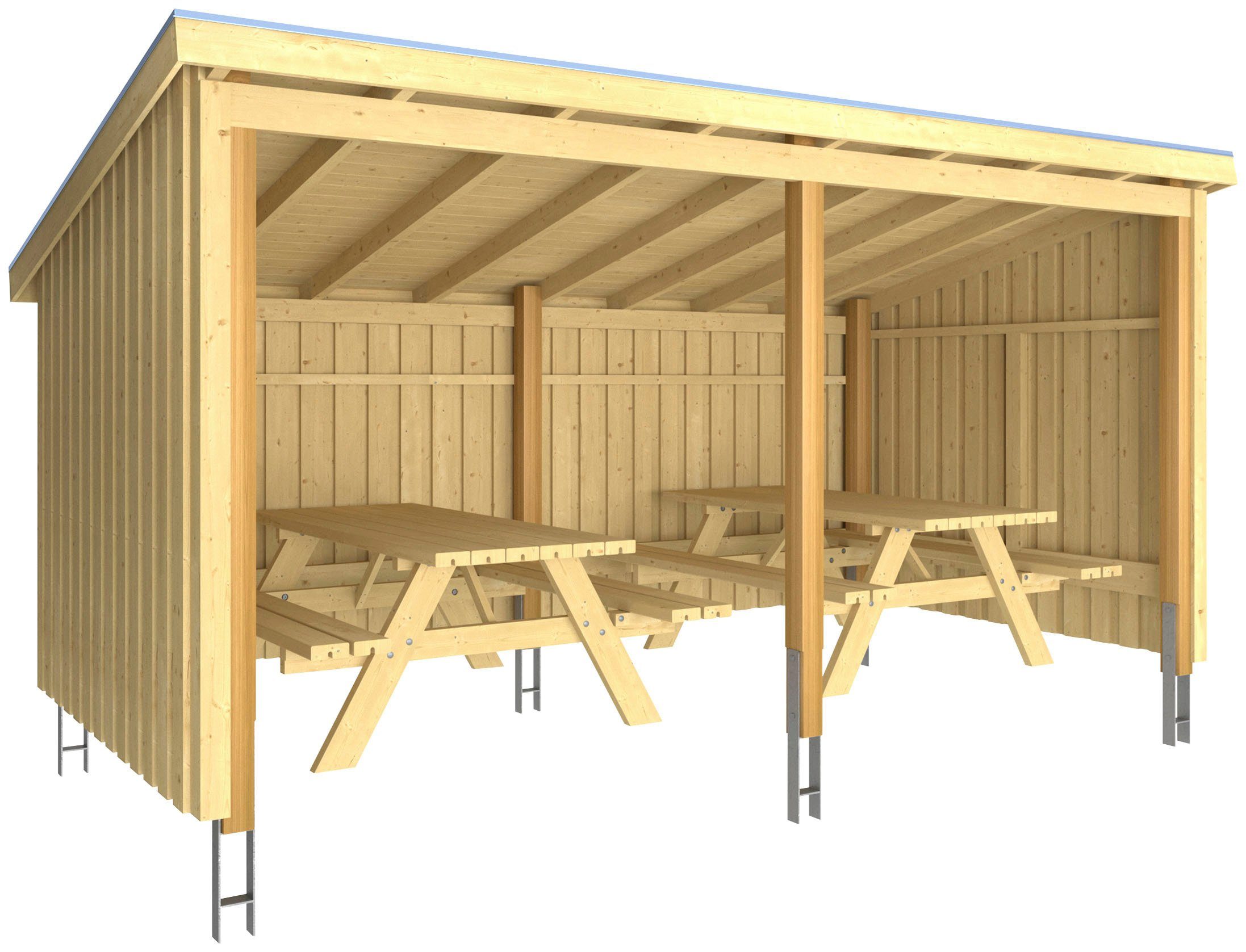 PLUS Gartenhaus Nordic, BxT: 218x432 cm, (Packung), Picknickhütte 9,5 m² inkl. Picknicktische, Dachpappe/Aluleisten/H-Füße