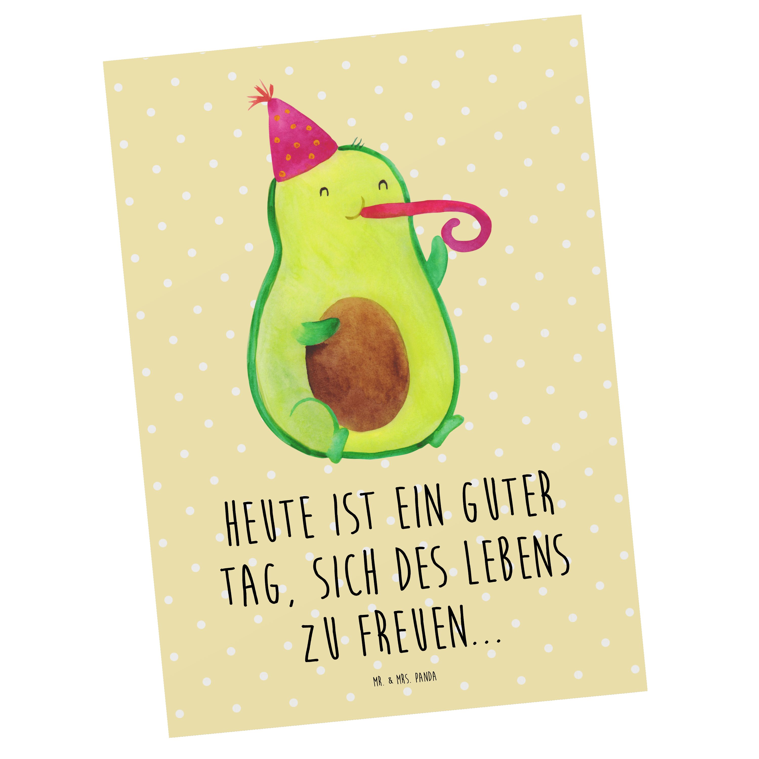 Mr. & Mrs. Panda Postkarte Avocado Partyhupe - Gelb Pastell - Geschenk, Feier, Einladung, Vegan