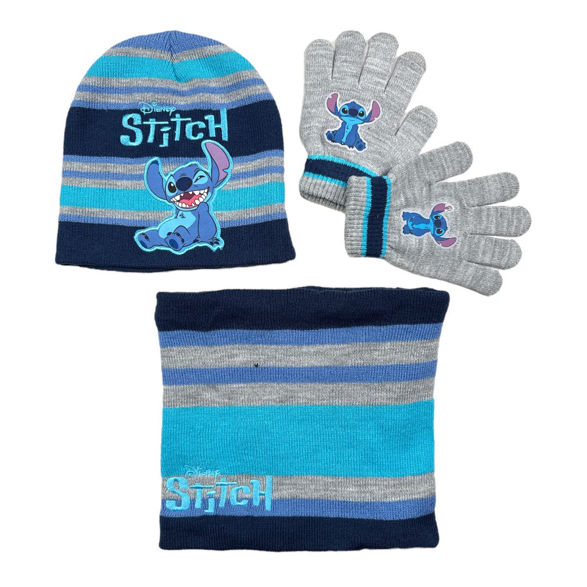 Disney Bommelmütze Disney Stitch Set Kinder Herbst 3tlg Set Wintermütze Snood Handschuhe Gr. 54
