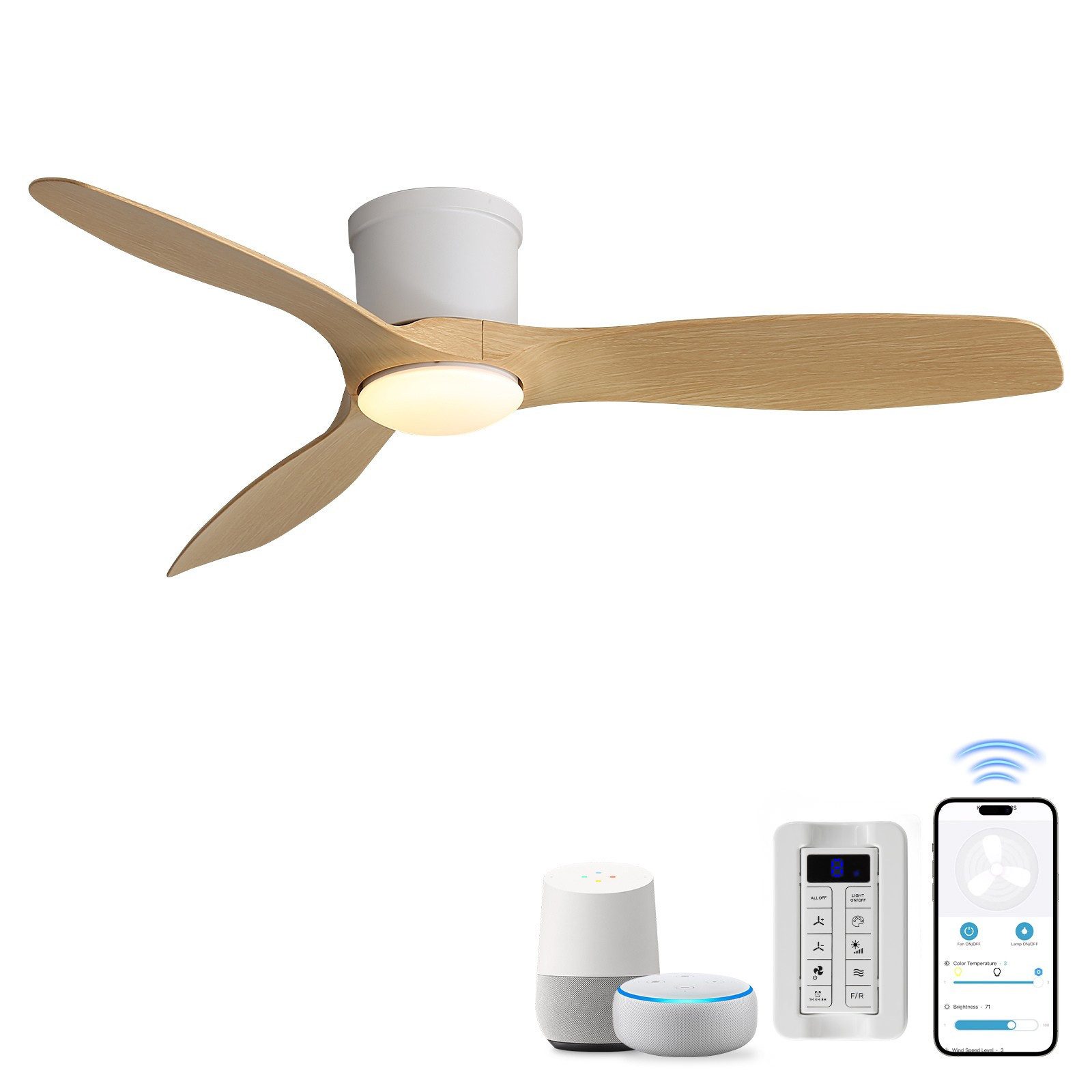 Sofucor Deckenventilator mit Licht und Fernbedienung, Weiß, 132 cm, 3 ABS-Flügel, 3 stilvolle ABS‑Flügel, 6 einstellbaren Geschwindigkeiten