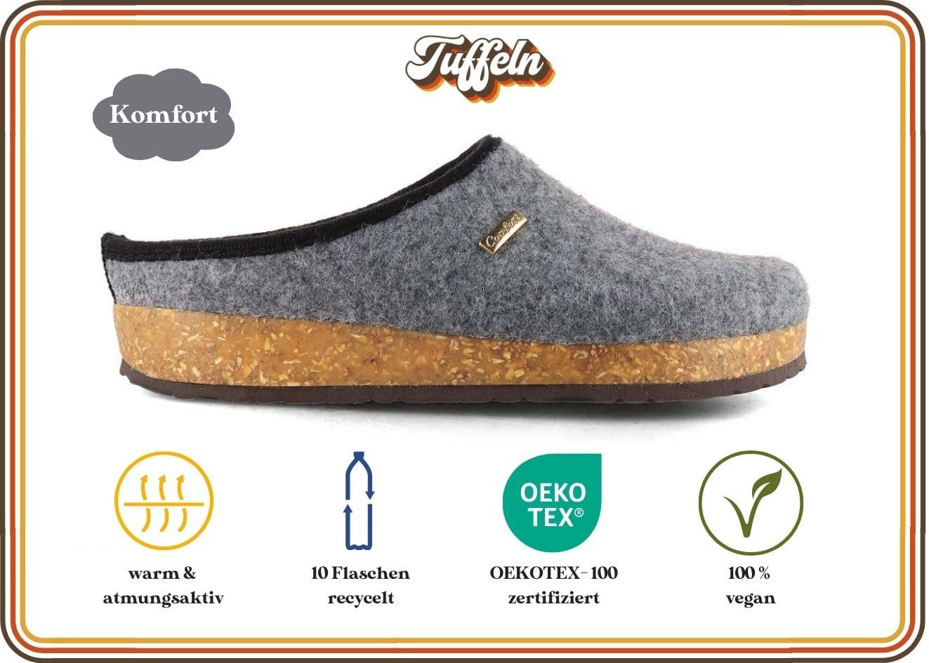 Tuffeln Filz-Pantoffeln Komfort Herren Clogs mit Kork-Fußbett Hausschuh vegan aus 100% Tuf-Felt – Bild 2 von 5