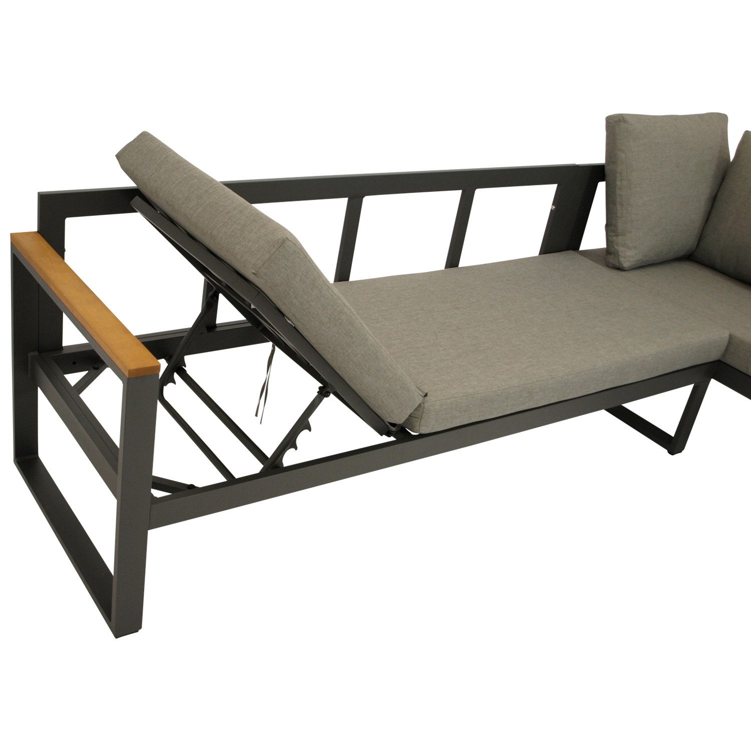DEGAMO Garten-Essgruppe KAMPALA, (2-tlg., 1x Eckbank mit Polstern, 1x Tisch 70x140cm), Aluminium anthrazit, Oberflächen Akazie, wetterfest