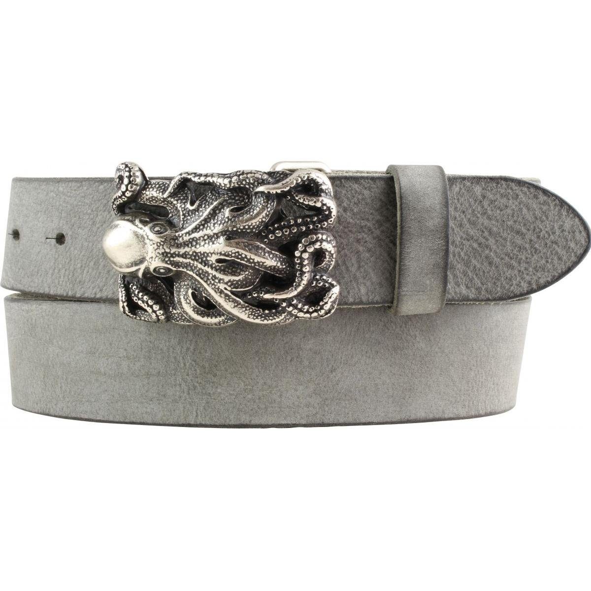 BELTINGER Ledergürtel Gürtel mit Tintenfisch-Gürtelschnalle aus weichem Vollrindleder 4 cm U Dunkelgrau, Silber