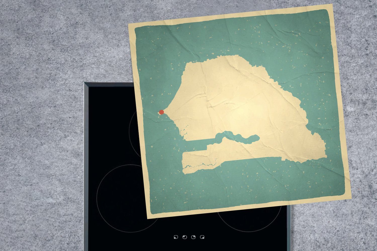 küche Vinyl, Arbeitsplatte von für und Dakar einer cm, 78x78 Senegal Ceranfeldabdeckung, im Karte Illustration (1 MuchoWow tlg), Retro-Stil, Herdblende-/Abdeckplatte