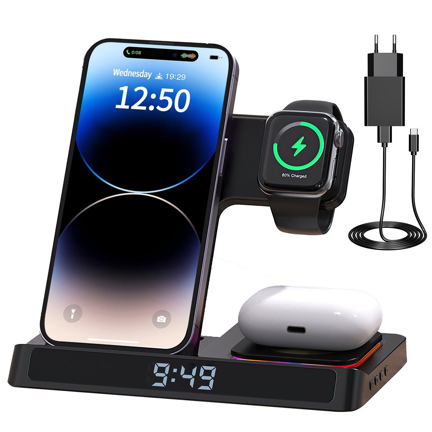 Comfy Mate Induktive Ladestation 4 in 1 Kabellose Ladegerät Wireless Charger Wireless Charger (Handy Charging Station mit USB Kabel)