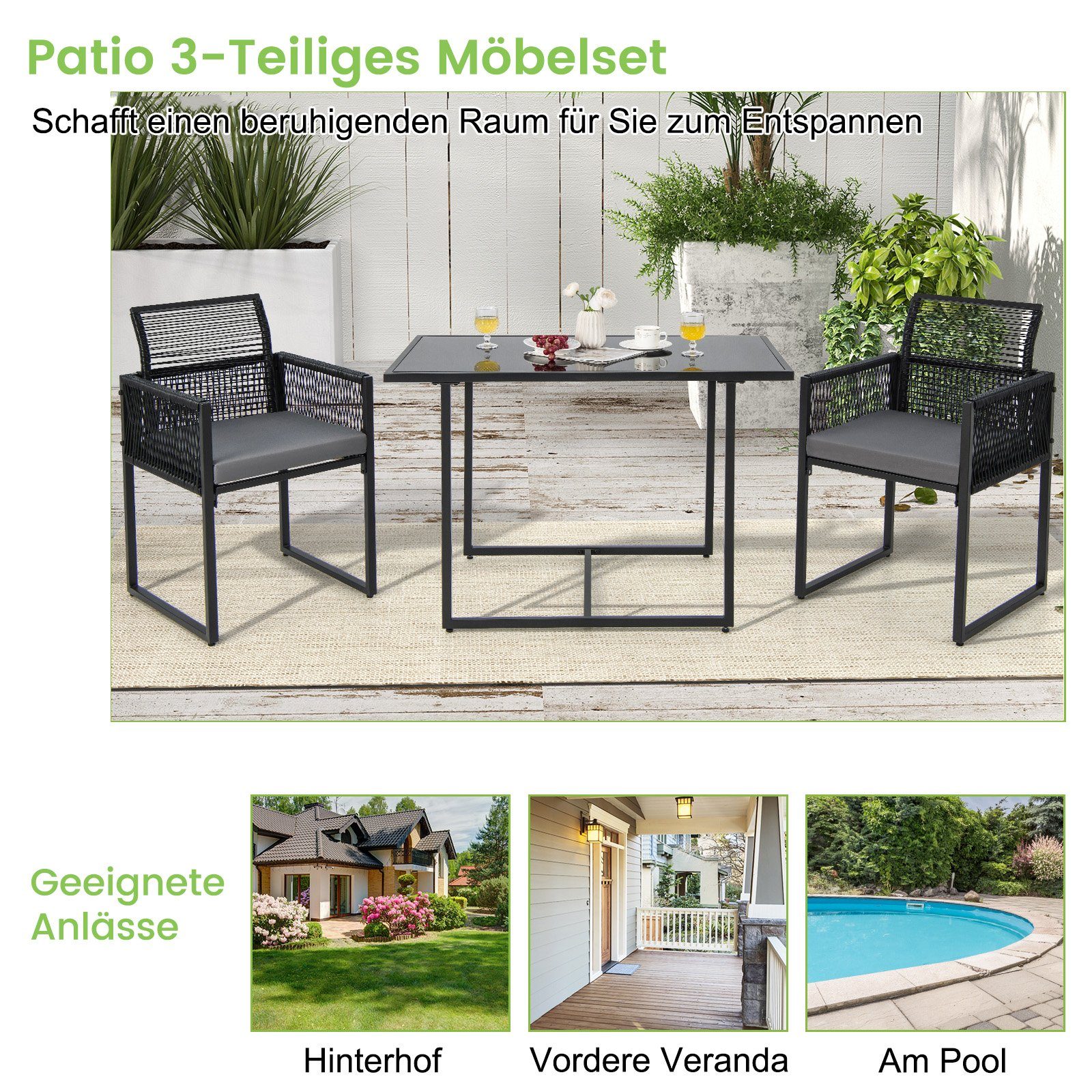 COSTWAY Balkonset, (3tlg), Rattan, Gartenmöbel Set mit 2 Stühlen & Kissen, platzsparend