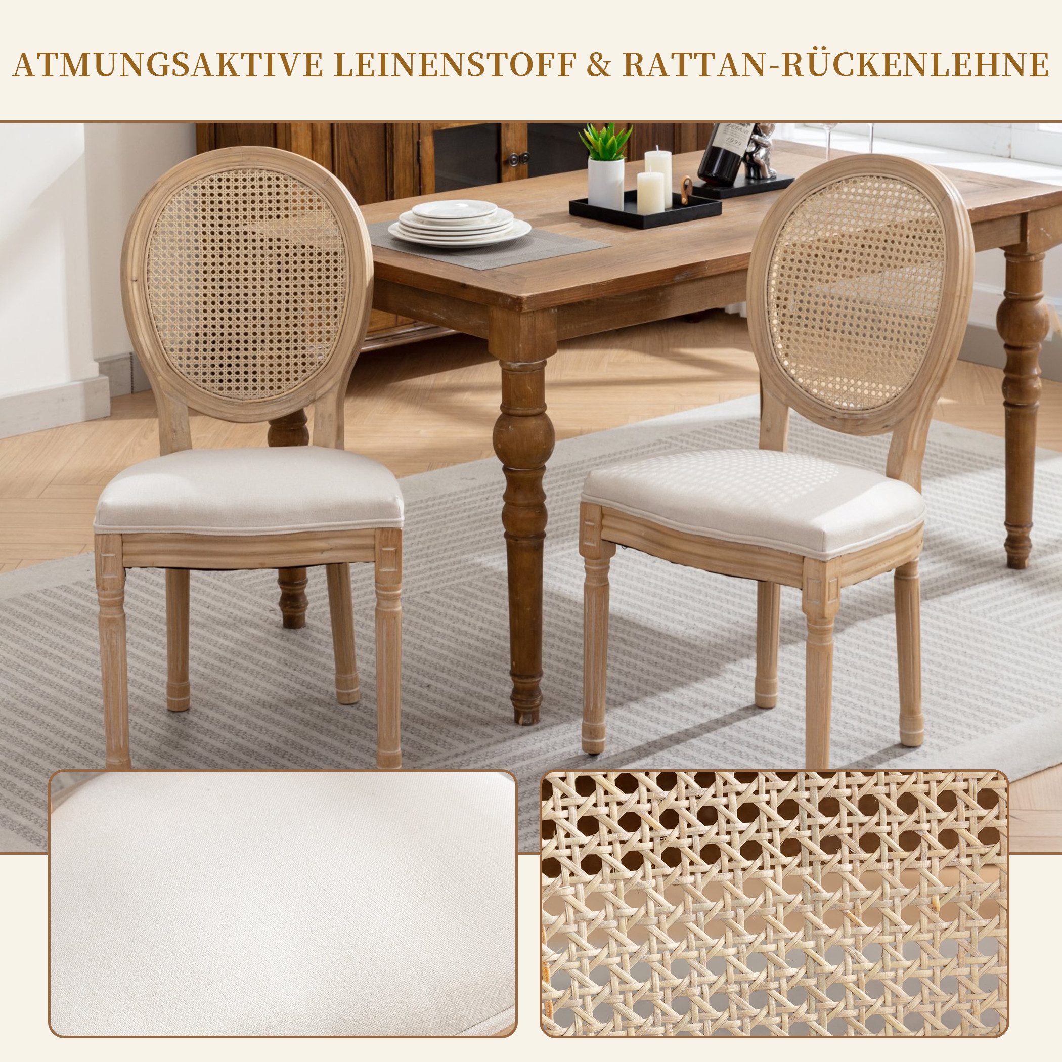 SeedWave Esszimmerstuhl 2er Set Küchenstuhl aus Massivholz-Gestell, mit Rattan-Rückenlehne, Polsterstuhl inkl. Leinenbezug Sitzfläche – Bild 4 von 5