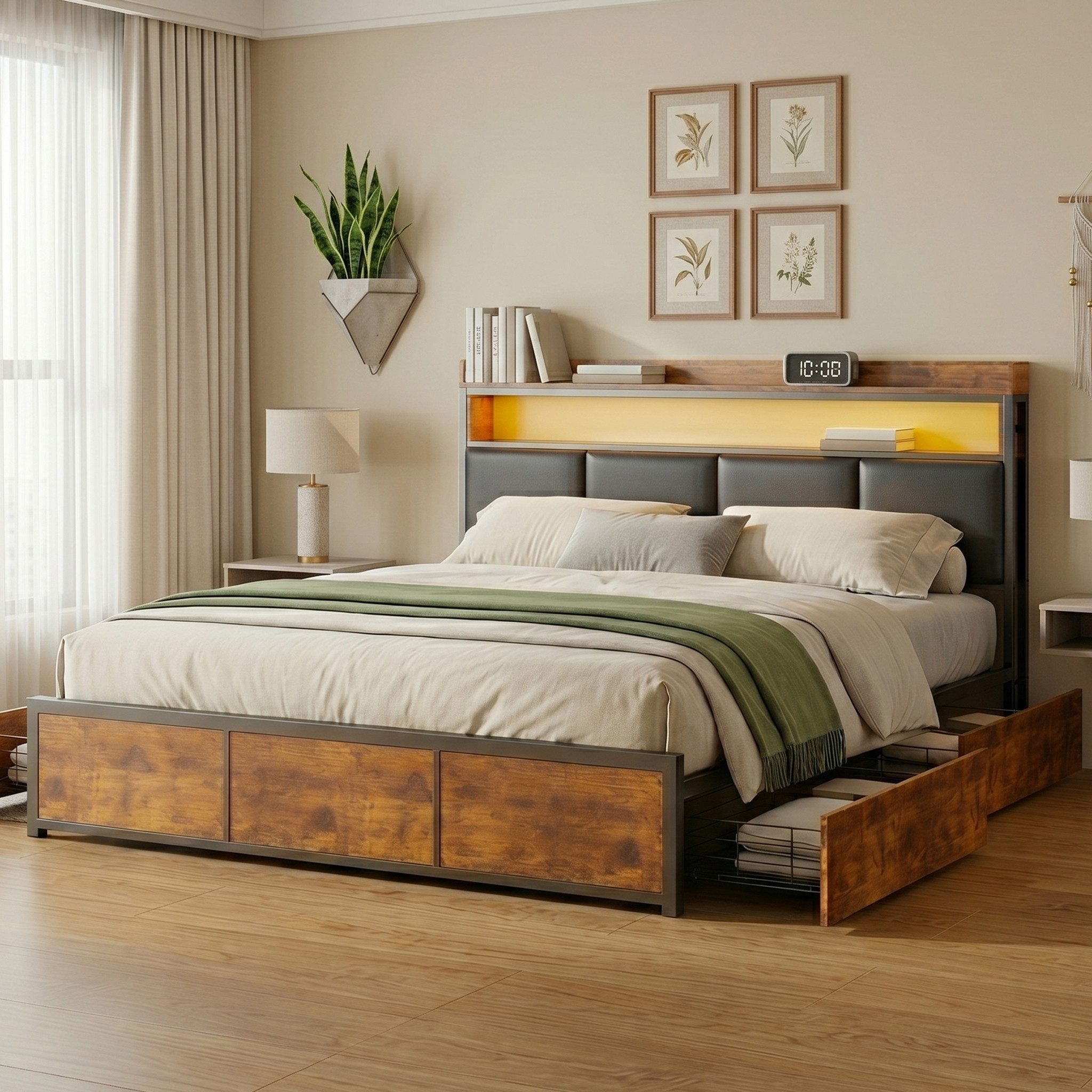 zebery Stauraumbett Polsterbett Doppelbett Mit 4 Schubladen (Packung, 1-tlg), 140x200 cm,LED-Leuchten,Mit Kopfteil und Bettgestell,Kunstleder