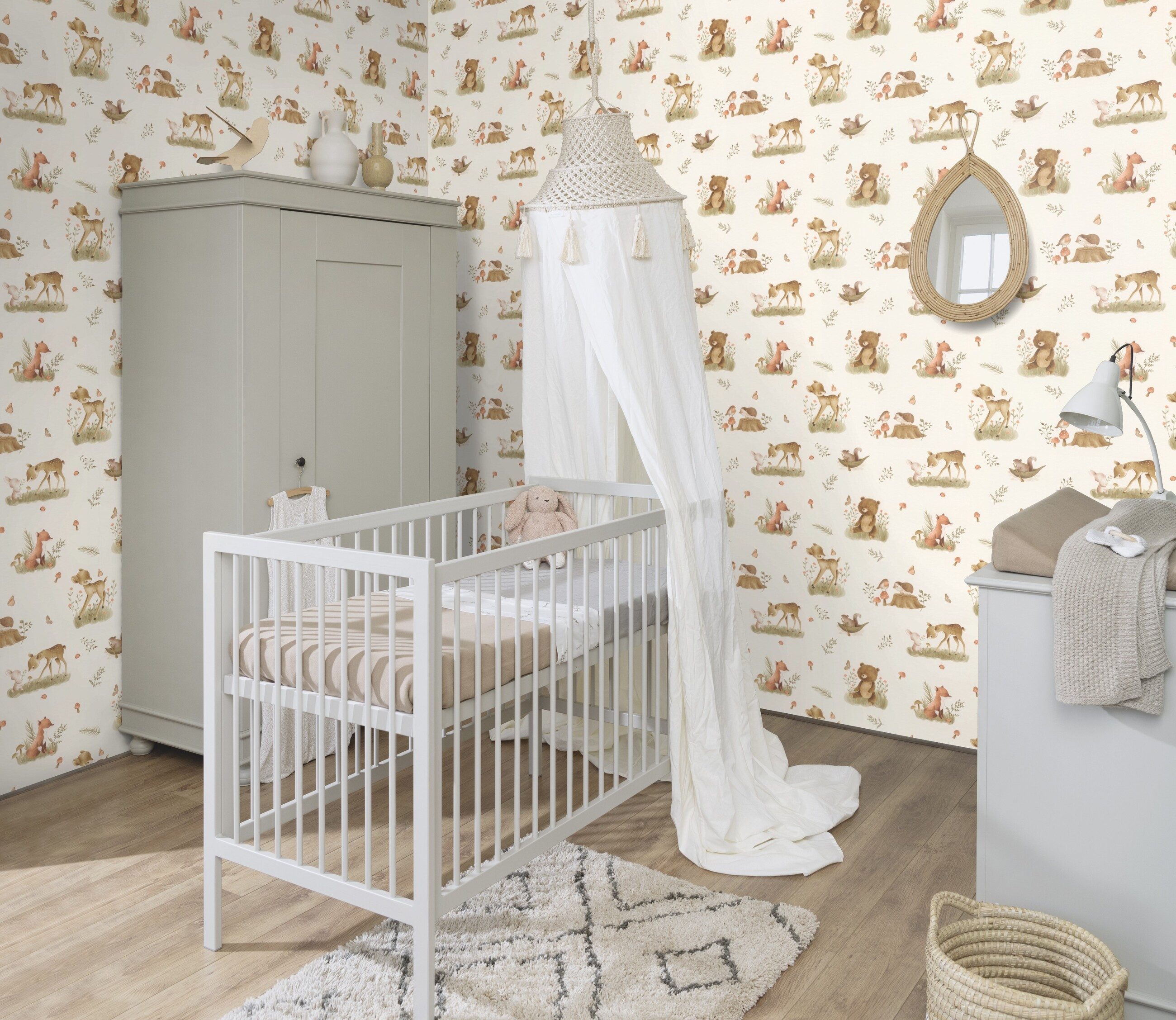 Rasch Vliestapete 321104 - Kinderzimmer-Tapete mit Waldtieren in Beige und Braun, strukturiert, gemustert, (1 Rolle, 1 St), Waldtiere – Bild 5 von 5