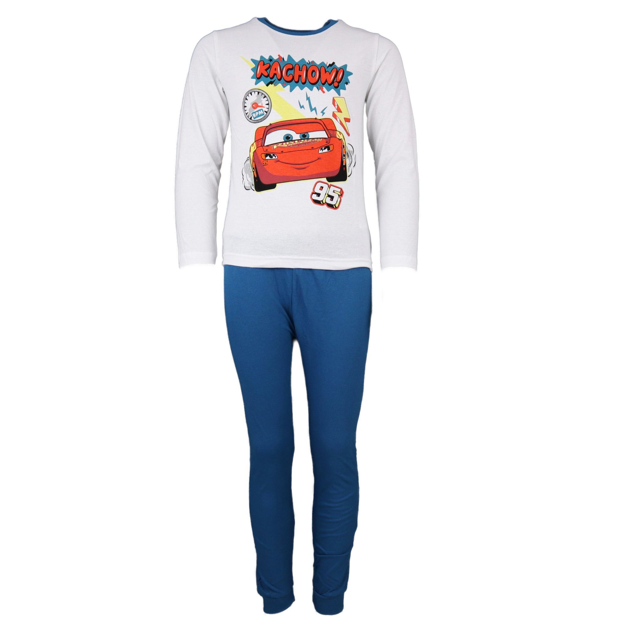 Disney Cars 3 Schlafanzug Lightning McQueen Kinder Pyjama Gr. 98 bis 128, 100% Baumwolle Weiß/Blau