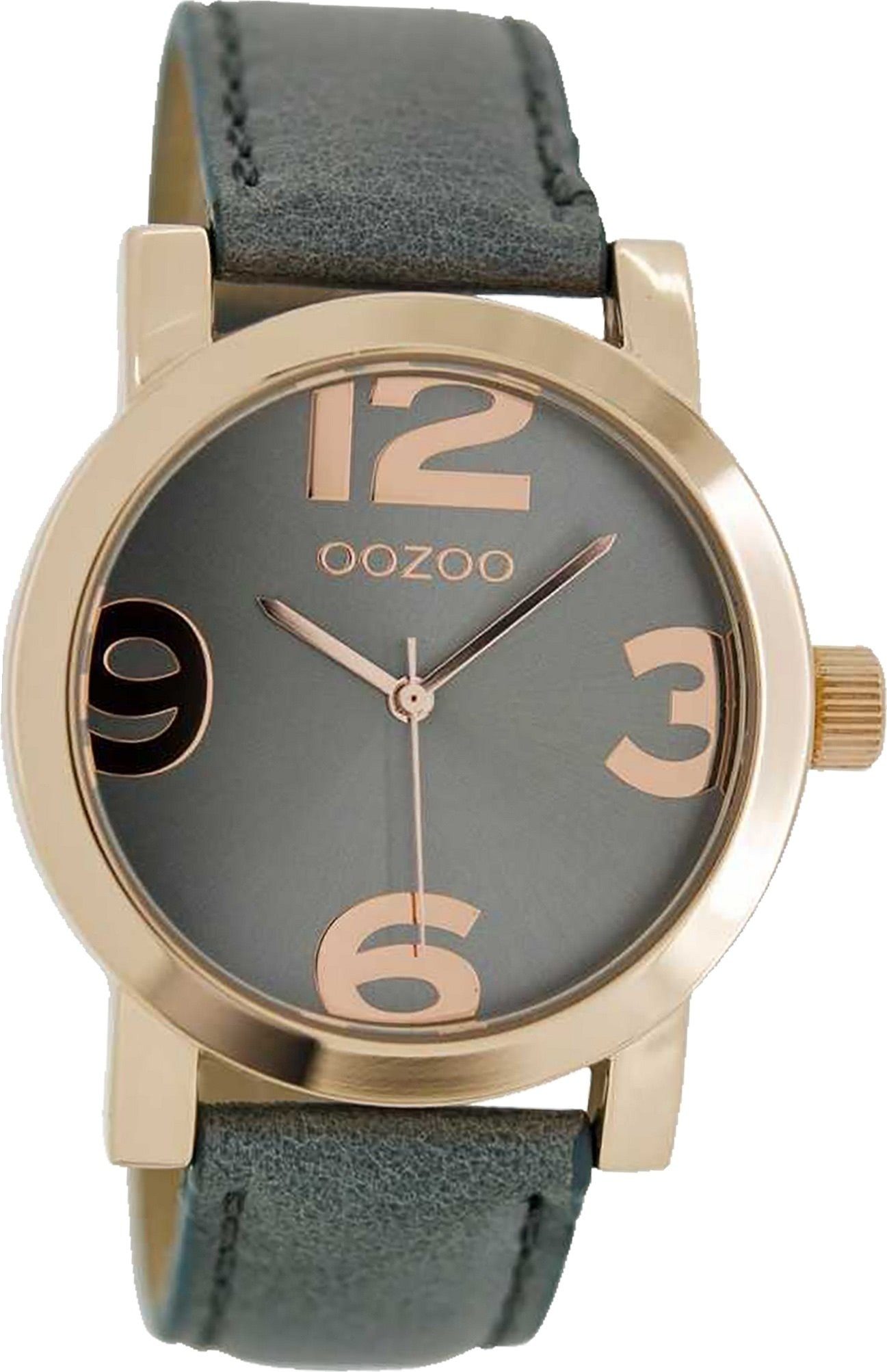 OOZOO Quarzuhr Oozoo Quarz-Uhr Damen rose Timepieces, Damenuhr Lederarmband grau, rundes Gehäuse, groß (ca. 40mm)