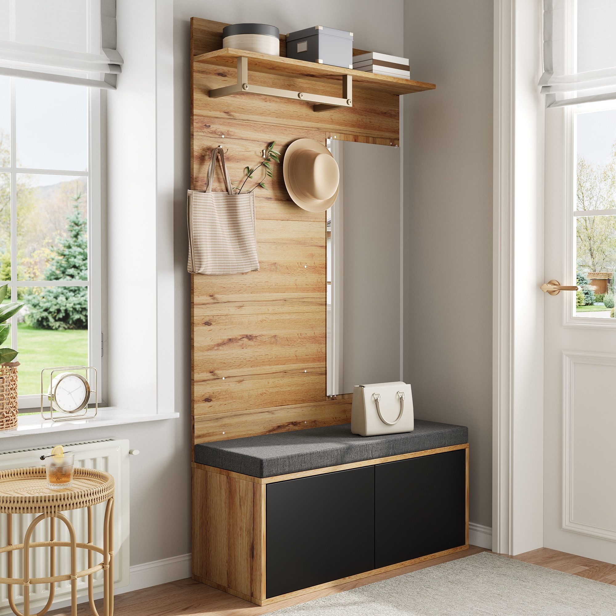 Merax Garderoben-Set mit Spiegel & Sitzkissen, Kompaktgarderobe in Schwarz-Holzoptik, (1-St., 100×190×38 cm), Flurgarderoben-Set mit Schuhschrank, Kleiderhaken & Soft-Close-Türen