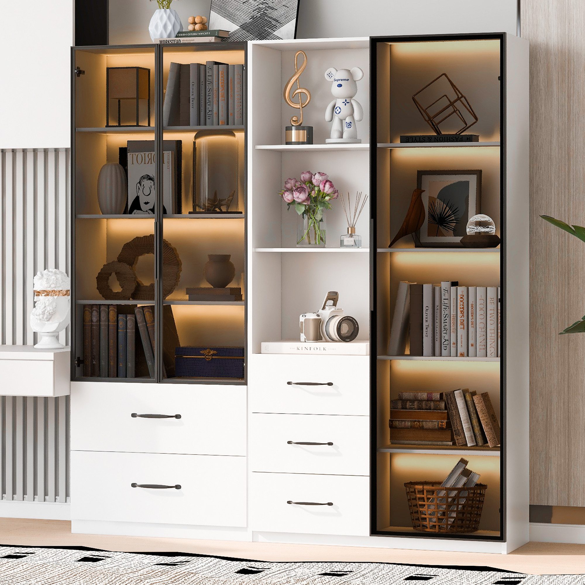 Flieks Vitrine Glasvitrine mit LED-Beleuchtung, 5 Schubladen und 3 Glastüren (1-St., B140/T40/H160 cm) Hochschrank Bücherregal Multifunktionsschrank mit Fächern Weiß
