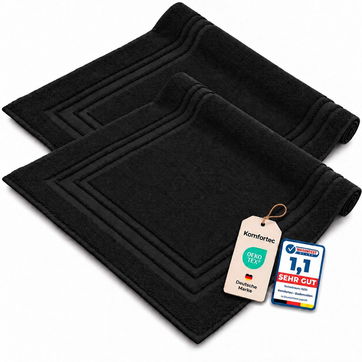 Komfortec Badematte 2er Badetuch Set aus 100% Baumwolle 50x70 cm Extra Weich & Saugstark, Rechteckig, 600 g/m²