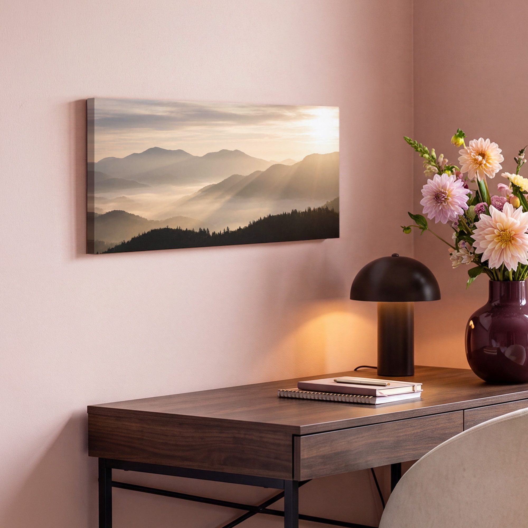 OneMillionCanvasses® Leinwandbild Panorama Berge - Nebel - Sonnenstrahlen, Fotodruck (1 St), Wandbild, Deko Schlafzimmer Wohnzimmer Flur 40x20 cm – Bild 4 von 5