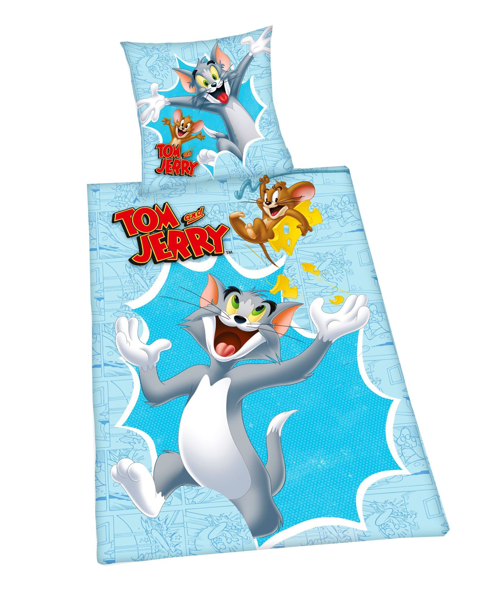 Herding Kinderbettwäsche Tom & Jerry 135x200cm Katz Maus, Renforcé, 2 teilig, TOM AND JERRY, Happy, Käse, Blau, Baumwolle