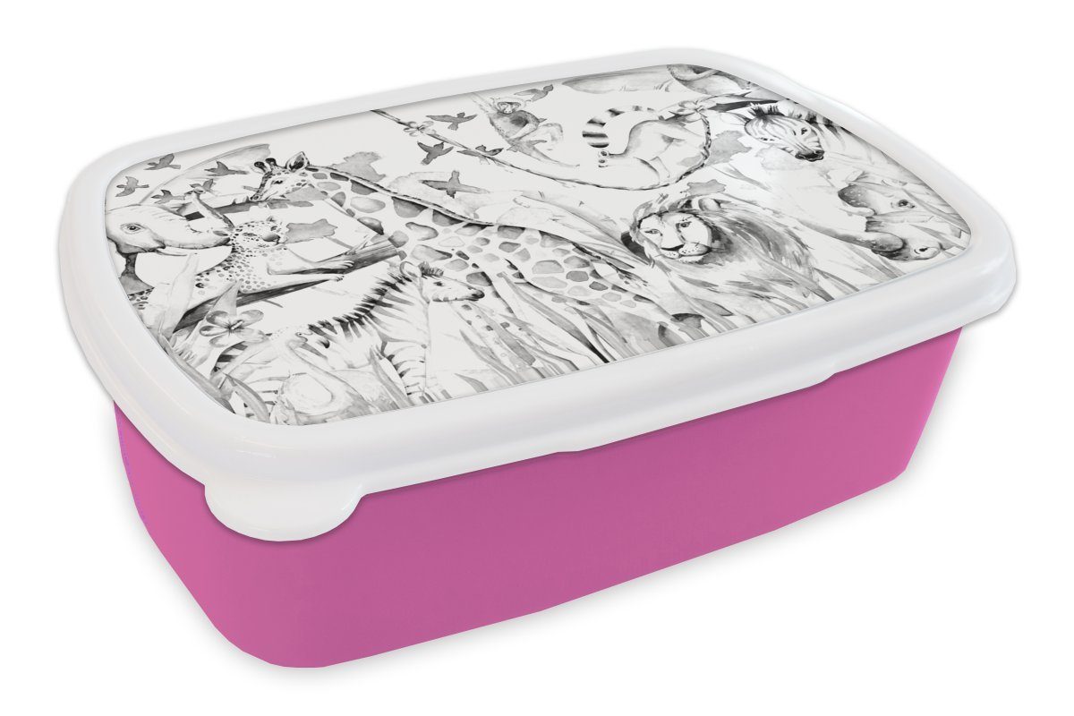 MuchoWow Lunchbox Wasserfarben - Kinder Tiere Mädchen Brotbox Rosa Kunststoff Mädchen, für Erwachsene, - - - Dschungel Snackbox, - - Brotdose (2-tlg), Kunststoff, Kinder, Kinder