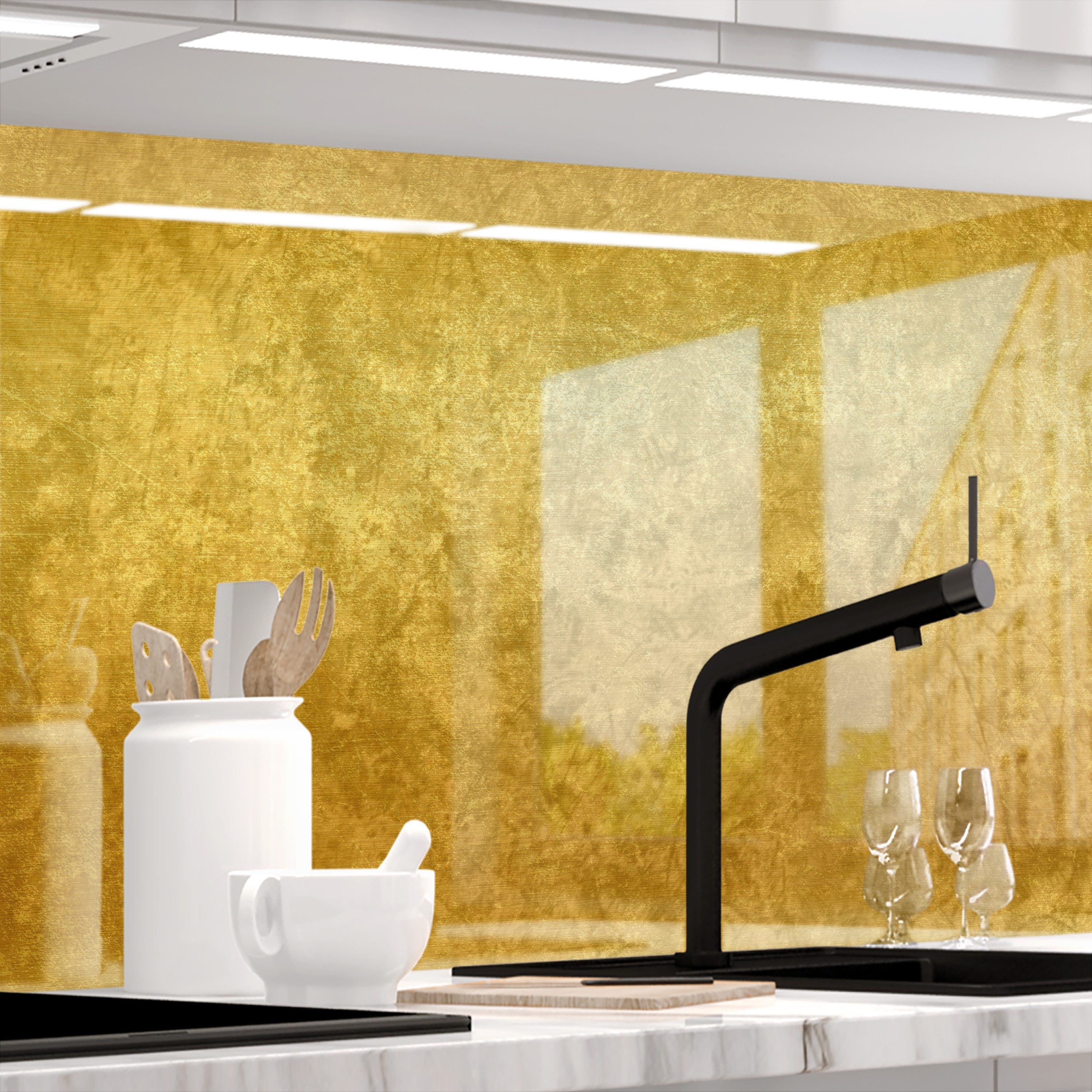 Stickerprofis Küchenrückwand ABSTRAKTES GOLD (Glasoptik), (Premium), 1,5mm, selbstklebend, hält auf besonders vielen Öberflächen