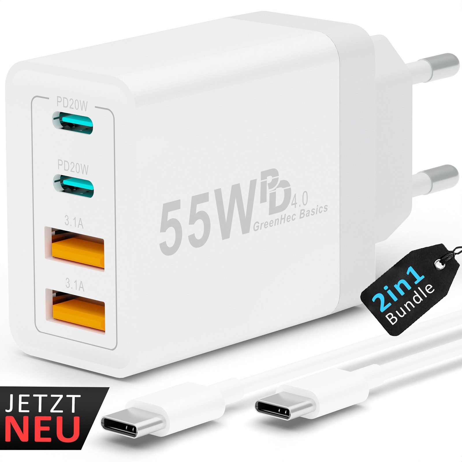GreenHec USB-C Schnellladegerät iPhone 17 16 15 14 13 12 11 SE Charger Adapter Schnelllade-Gerät (0,00 mA, Spar-Set, 55w Quatro Charger + USB-C Kabel, Pro Max Air Netzteil Stecker Handy Phone Ladegerät Samsung mehrfach)