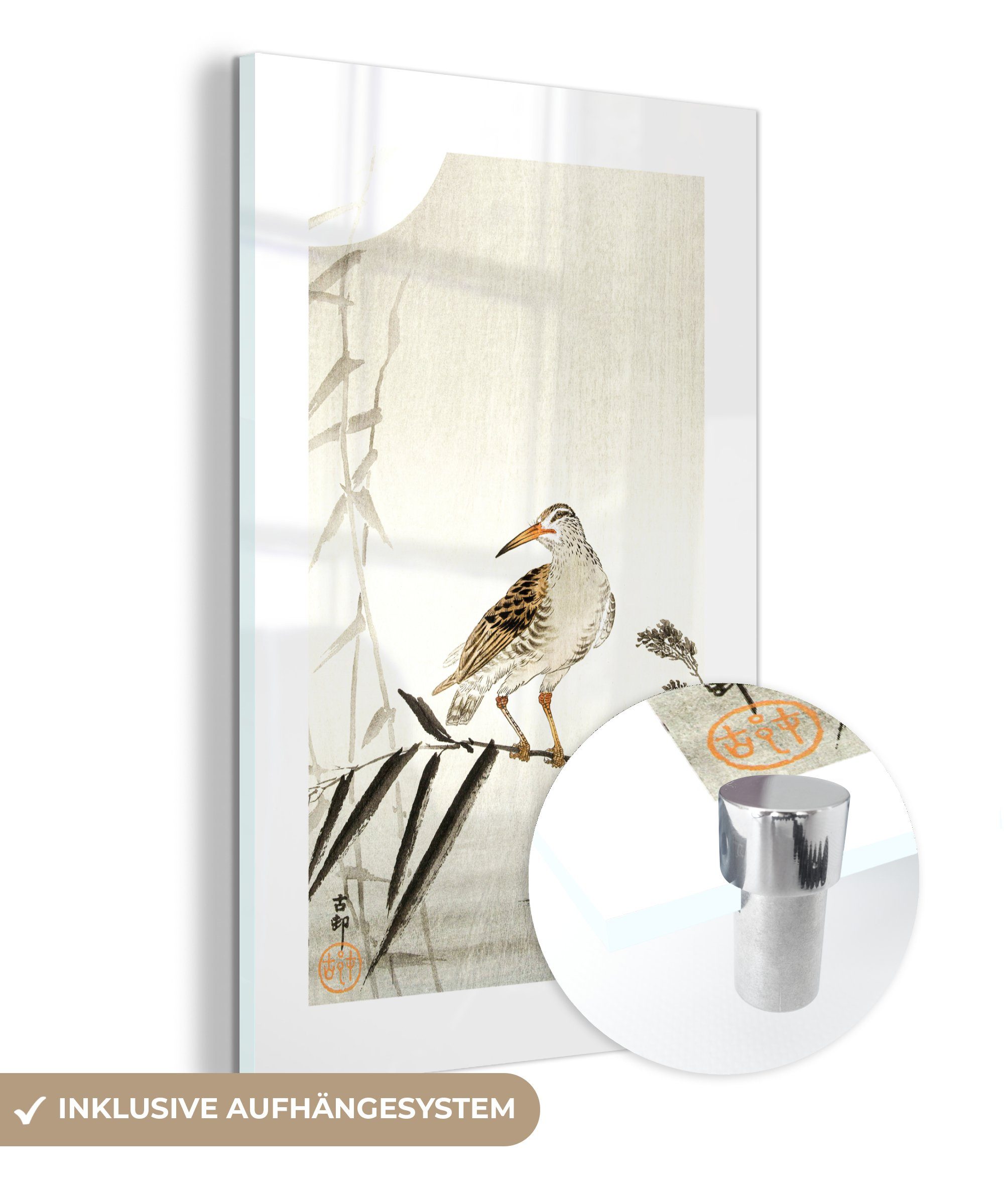 MuchoWow Acrylglasbild Japan - Vogel - Blätter - Skandinavisch, (1 St), Glasbilder - Bilder auf Glas Wandbild - Foto auf Glas - Wanddekoration