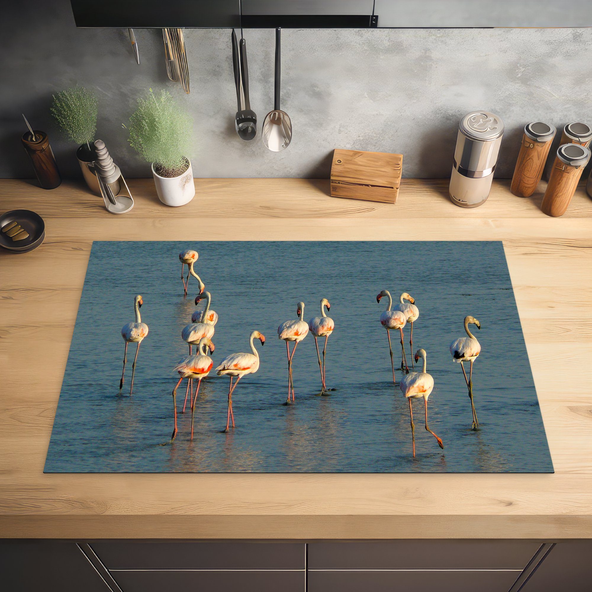 MuchoWow Herdblende-/Abdeckplatte Flamingos im (1 Ceranfeldabdeckung cm, für die Induktionskochfeld Doñana-Nationalpark in tlg), Schutz Vinyl, küche, 81x52 Spanien