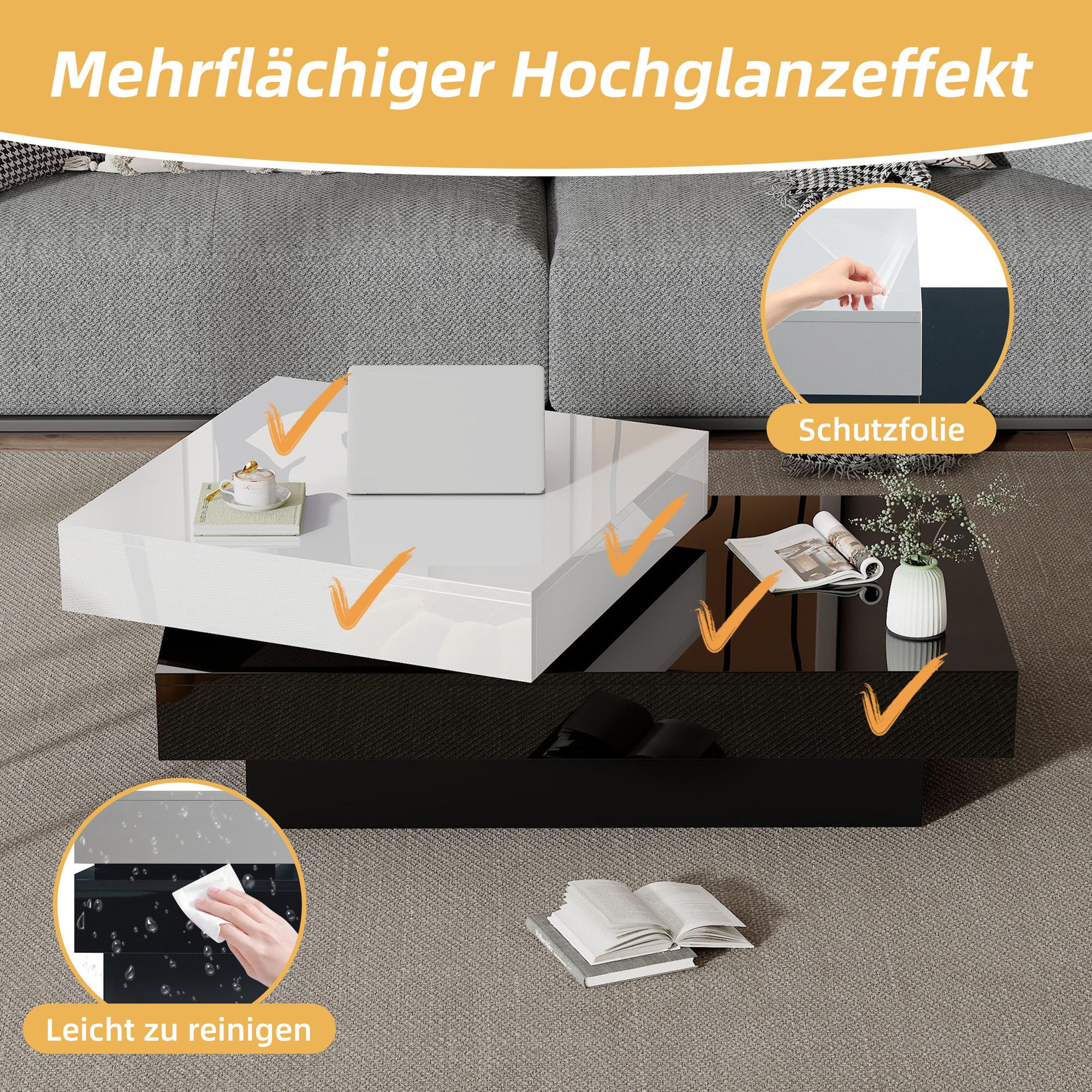 Merax Couchtisch drehbar mit Stauraum & 2 Ebenen (1-St., 1 Tisch), Wohnzimmertisch Hochglanz Sofatisch Beistelltisch, 100x60x35cm – Bild 5 von 5