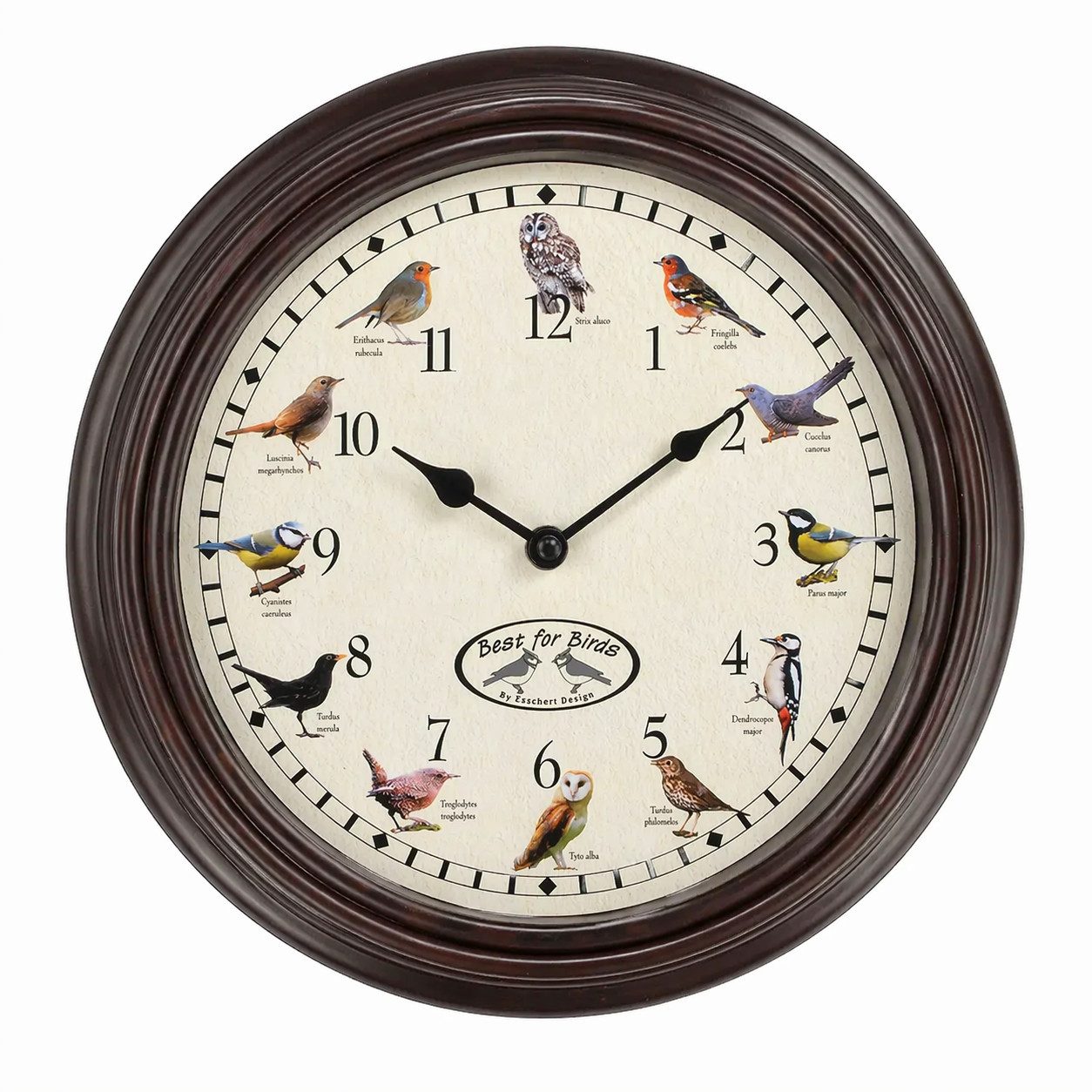 esschert design Wanduhr Wanduhr mit Vogelgezwitscher, 29,8 cm, mit 12 Vogelrufen (Uhr mit Vogelgezwitscher)