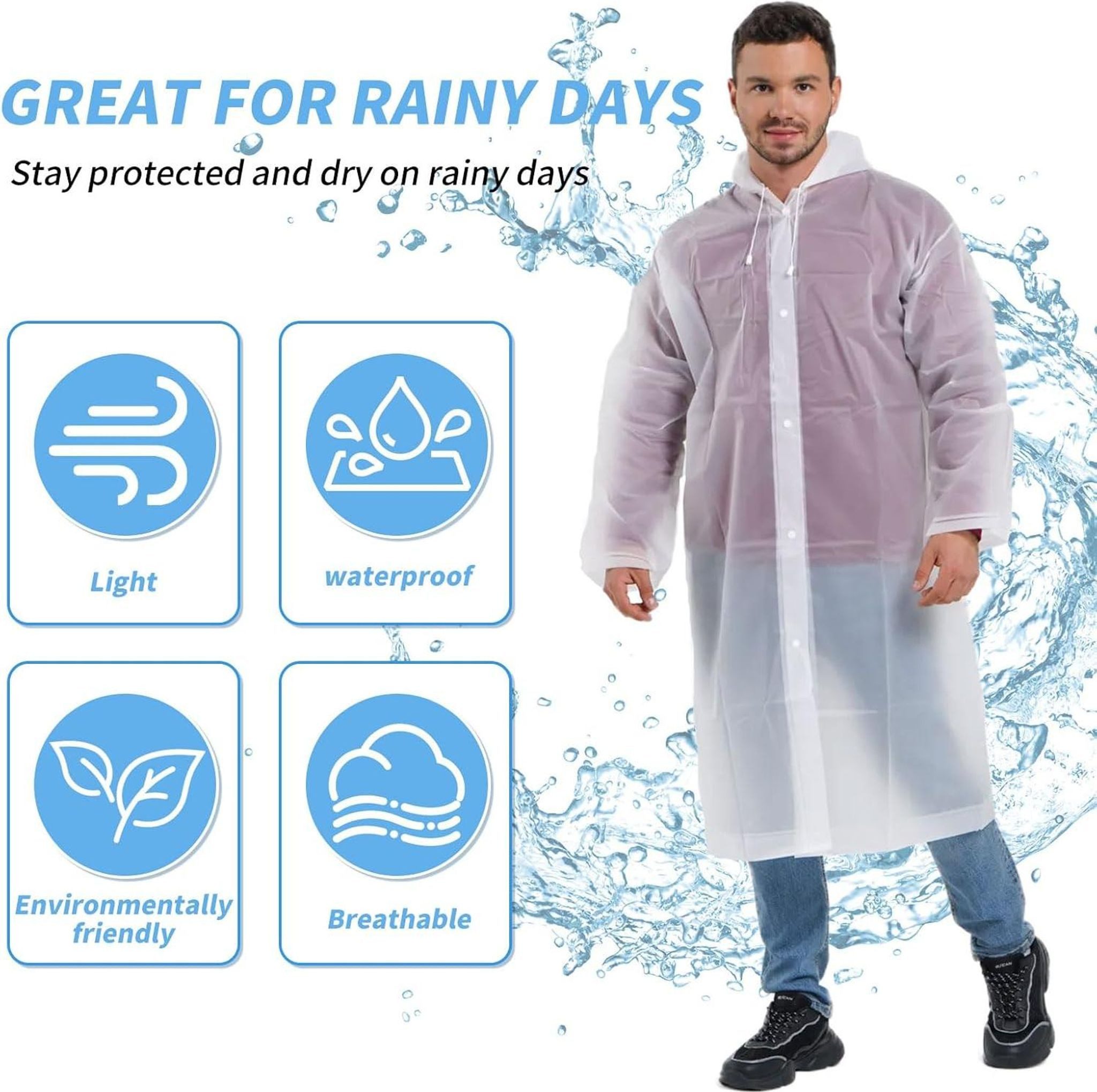 FELIXLEO Regenponcho 3er Pack Regenponcho EVA Wasserdicht Transparent Kapuze Unisex