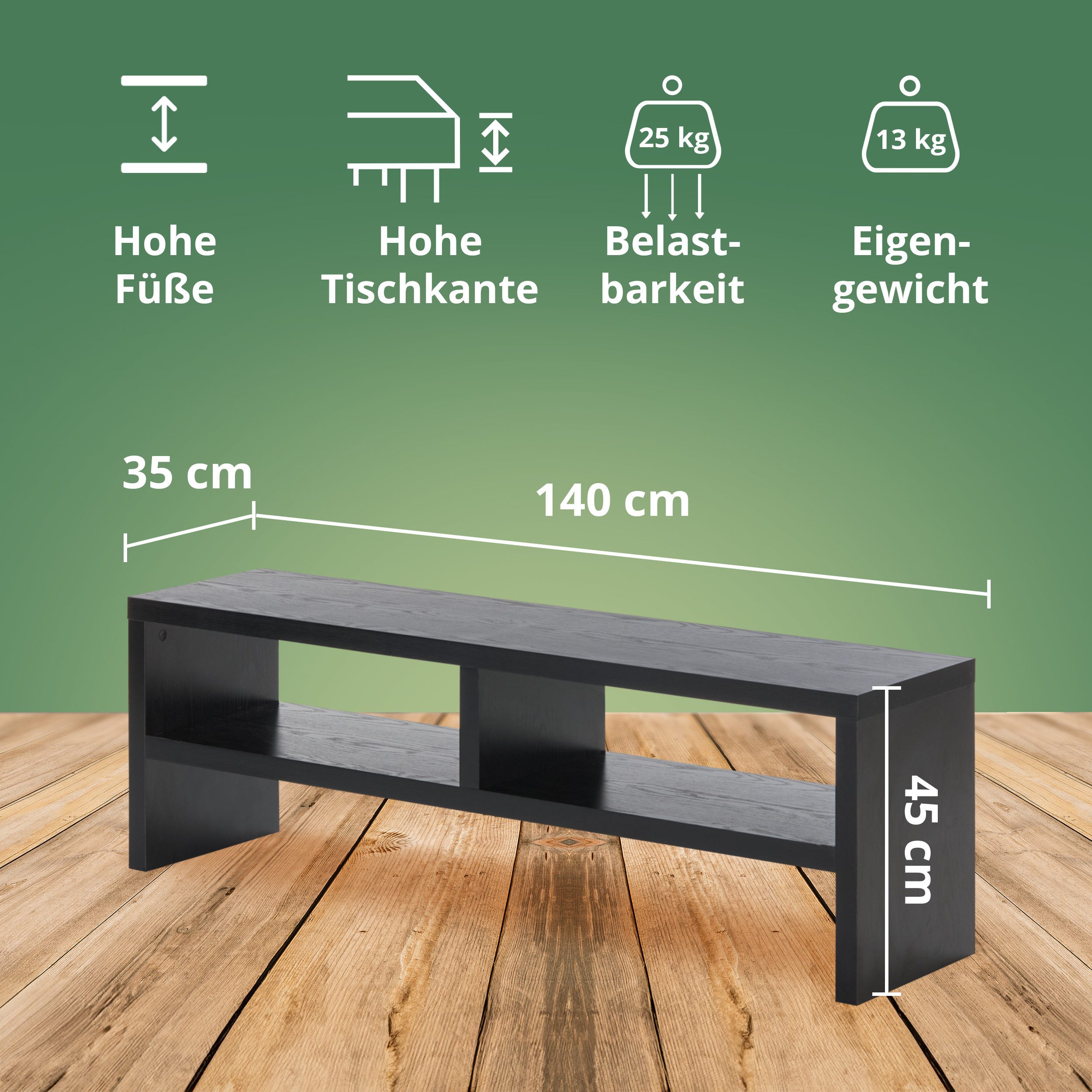 KHG TV-Board TV-Schrank Schwarz mit 2 offenen Fächern 140x45x35 cm (Kompaktes Lowboard mit viel Stauraum, stabile Konstruktion, 1 St., Kabelmanagement durch off – Bild 4 von 5
