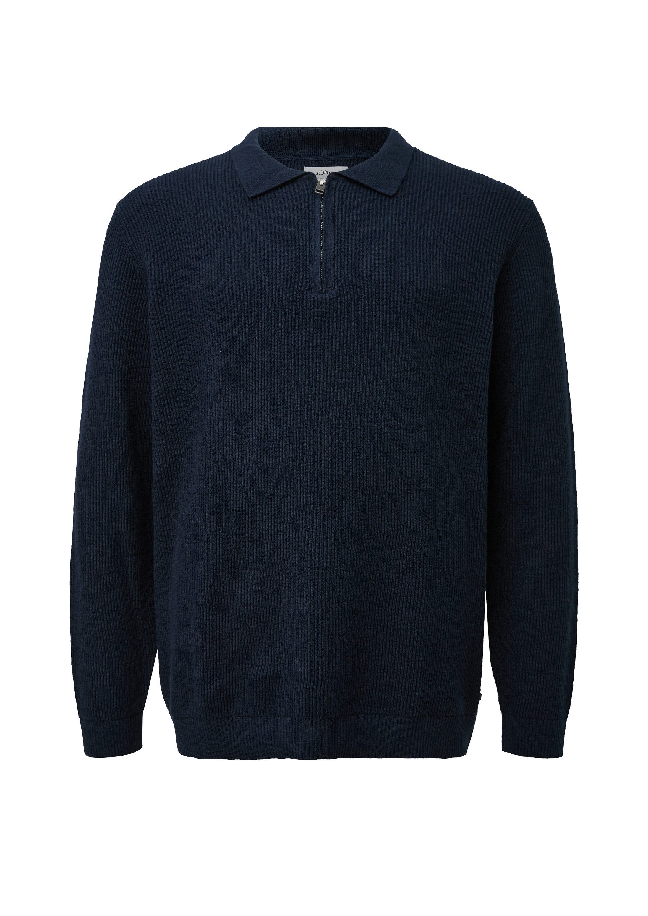 s.Oliver Longpullover Strickpullover Zip-Strickpolo mit Rippstruktur