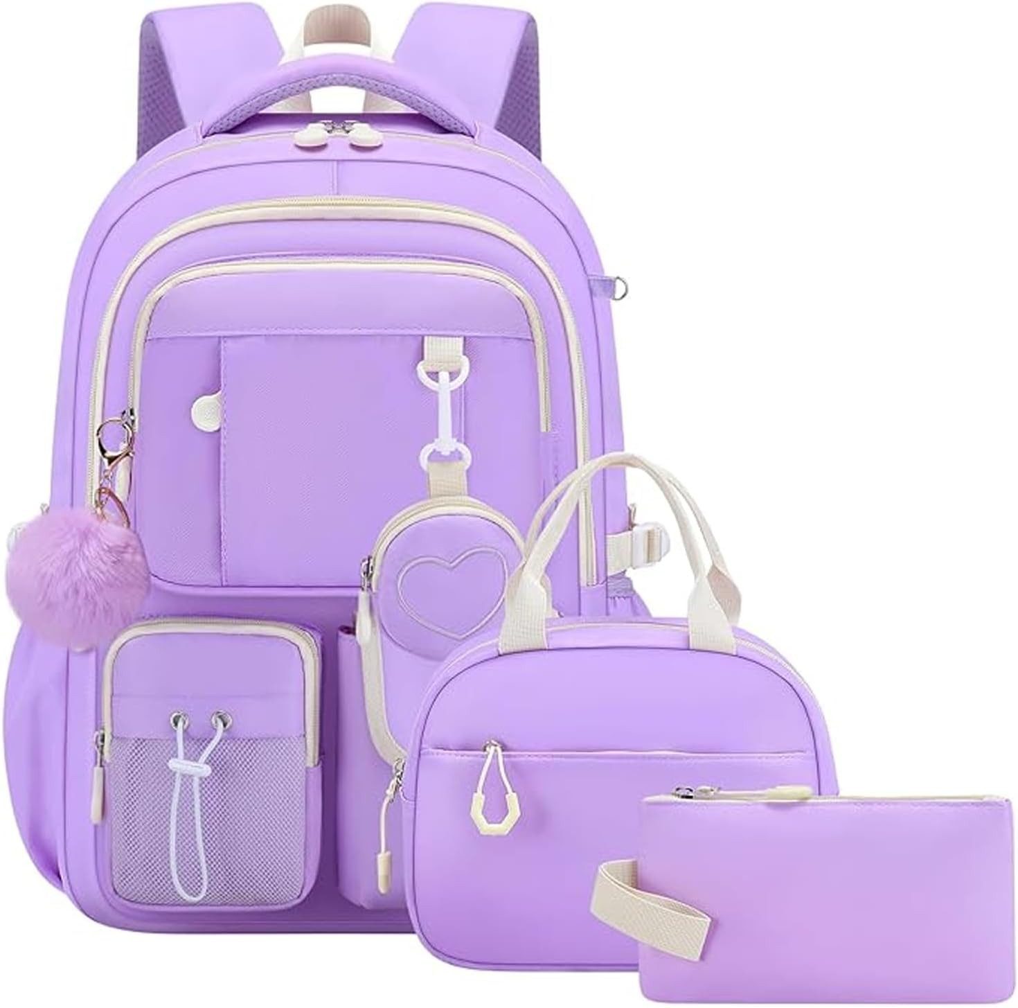 MOPUEA Schulrucksack Schultasche Mädchen Teenager Kawaii 23 L für 3.-7. Klasse (Schulrucksack-Set mit Lunch Tasche und Federmäppchen, 4-tlg., Mit Schulrucksack Lunch Tasche Federmäppchen und Geldbörse), Leicht Wasserabweisend Großes Fassungsvermögen Ergonomisch