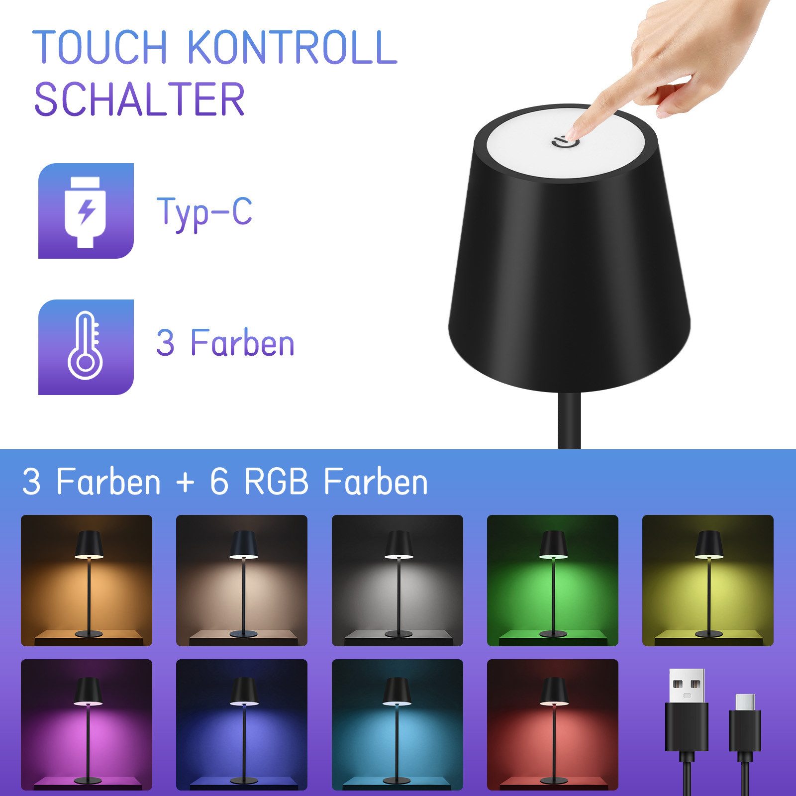 Nettlife LED Tischleuchte Kabellos Nachttischlampe Touch günstig online kaufen