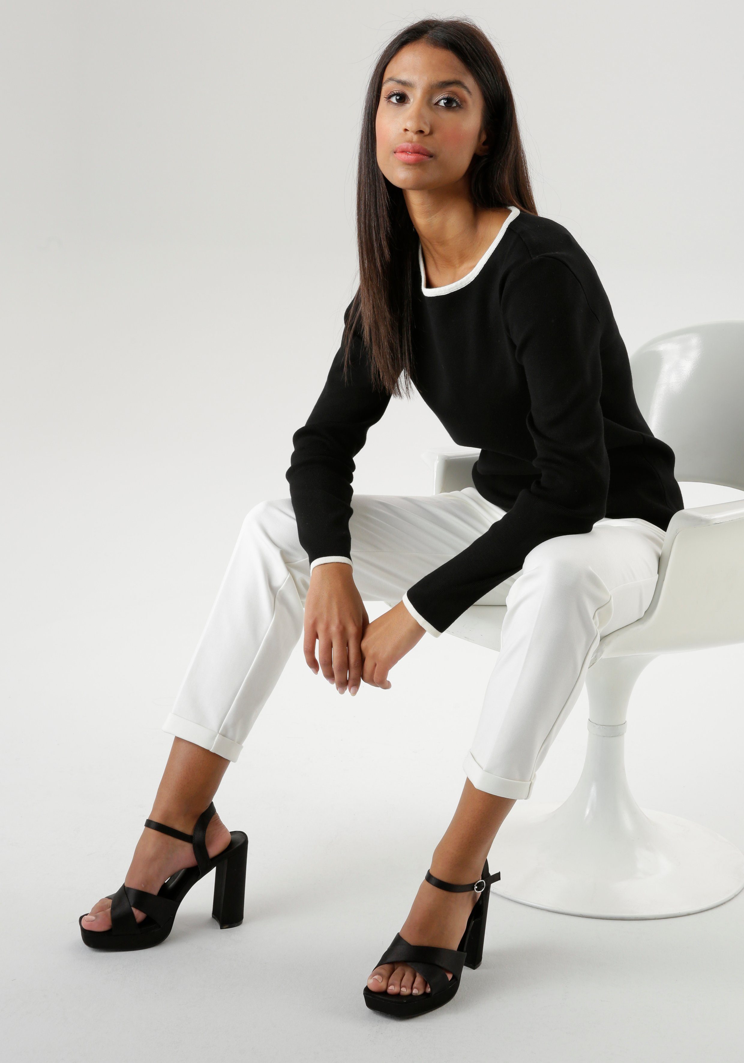 Strickpullover KOLLEKTION - NEUE Aniston schwarz-offwhite kontrastfarbenen SELECTED mit Streifen